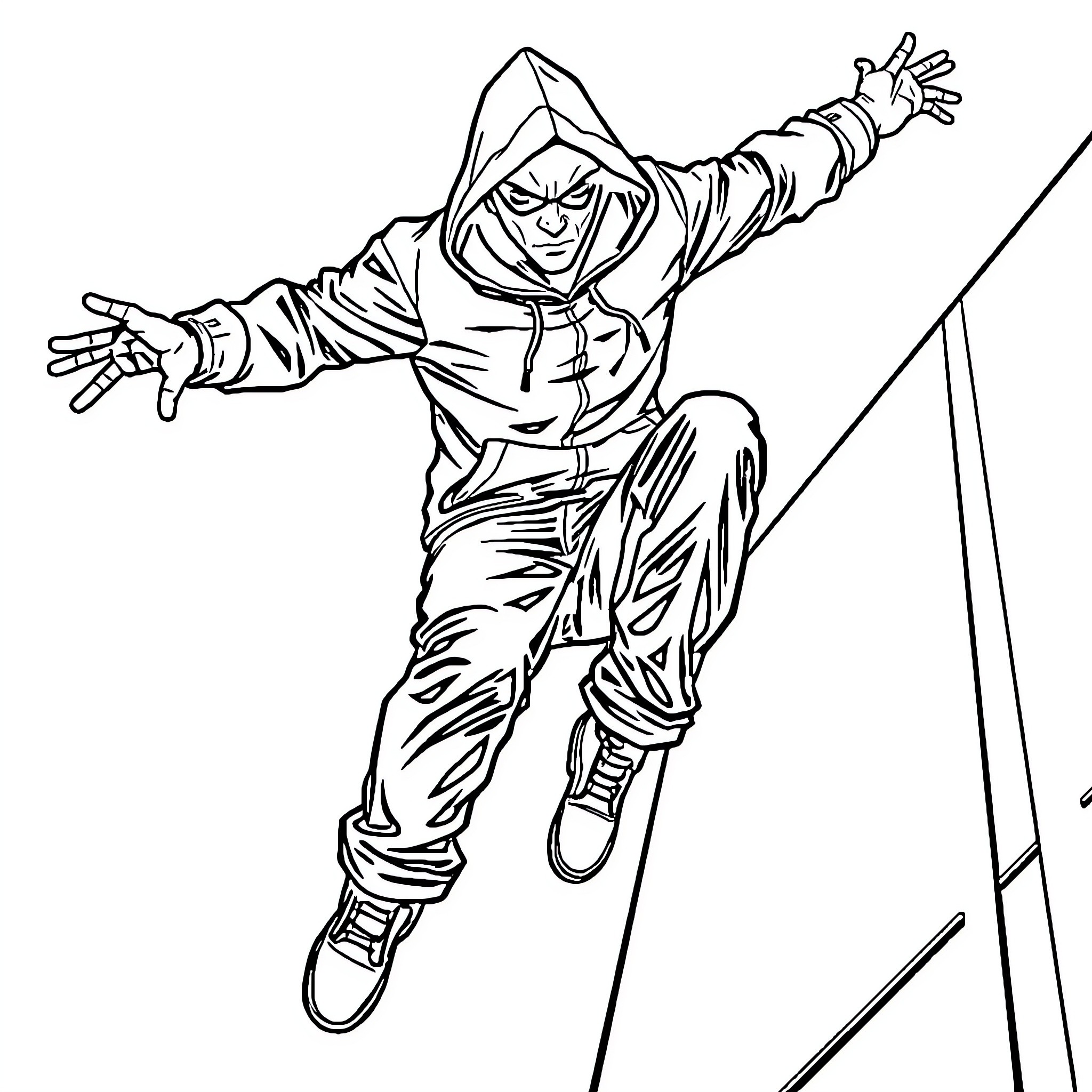 Man jumping with outstretched arms in heroic pose Coloring Page (free black-and-white line drawing printable PDF for all, from beginners to advanced learners, including children, teens, adults, and seniors)