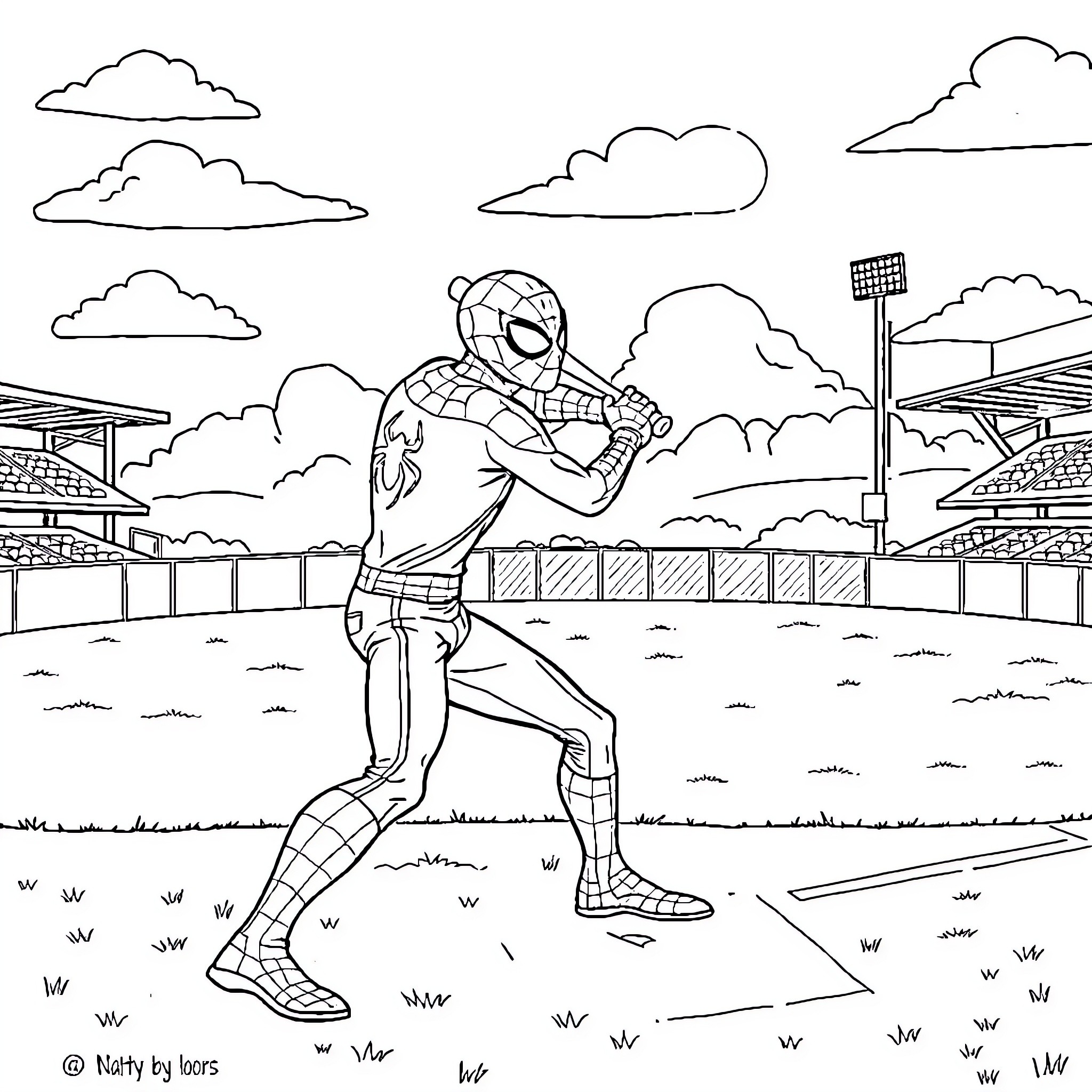 Spider-Man swinging through the city skyline Coloring Page (free black-and-white line drawing printable PDF for all, from beginners to advanced learners, including children, teens, adults, and seniors)