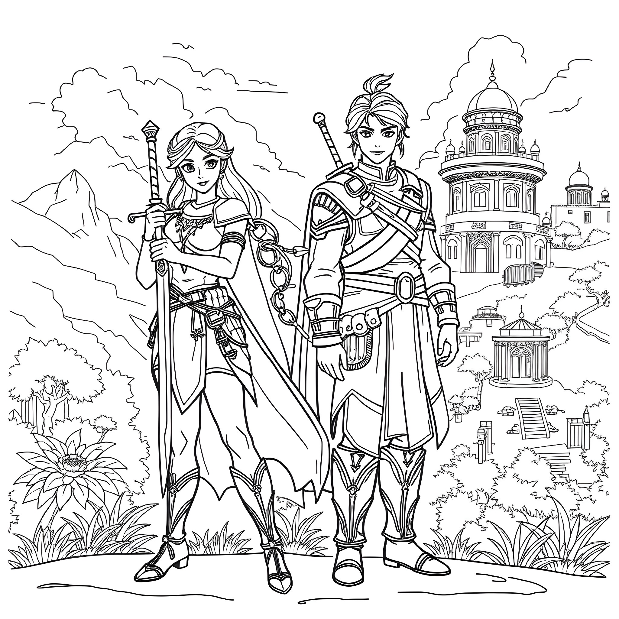 Raya and the Warrior Princess in a Fantastical Landscape Coloring Page (free black-and-white line drawing printable PDF for all, from beginners to advanced learners, including children, teens, adults, and seniors)