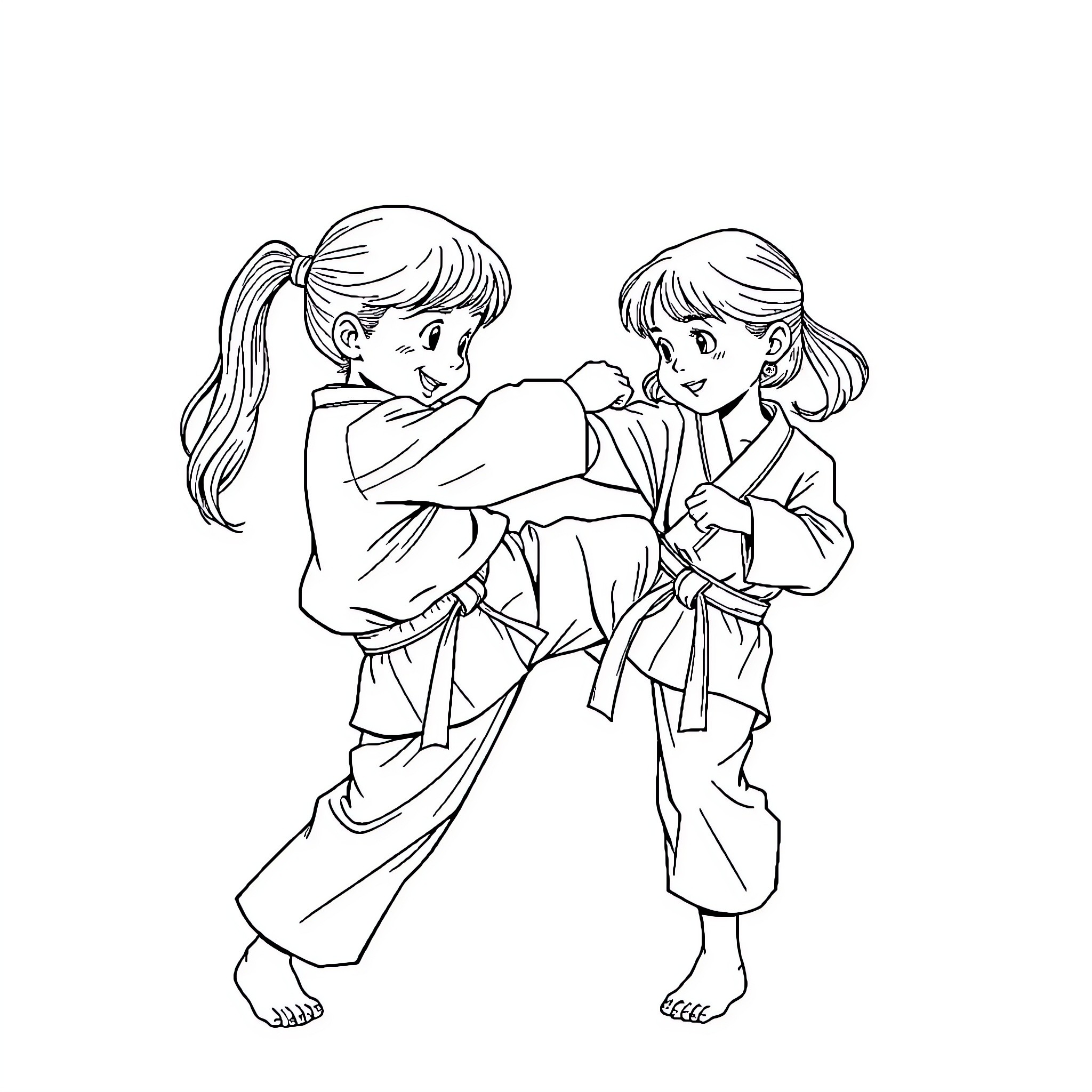 Girls practicing martial arts together Coloring Page (free black-and-white line drawing printable PDF for all, from beginners to advanced learners, including children, teens, adults, and seniors)