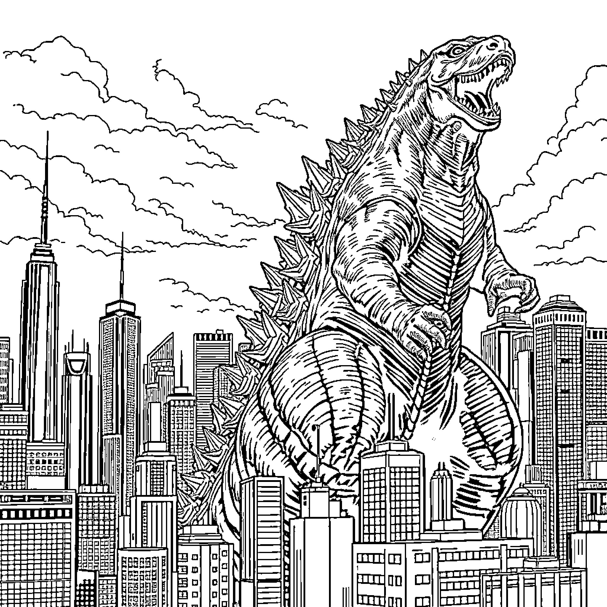 Godzilla rampaging through the city skyline Coloring Page (free black-and-white line drawing printable PDF for all, from beginners to advanced learners, including children, teens, adults, and seniors)