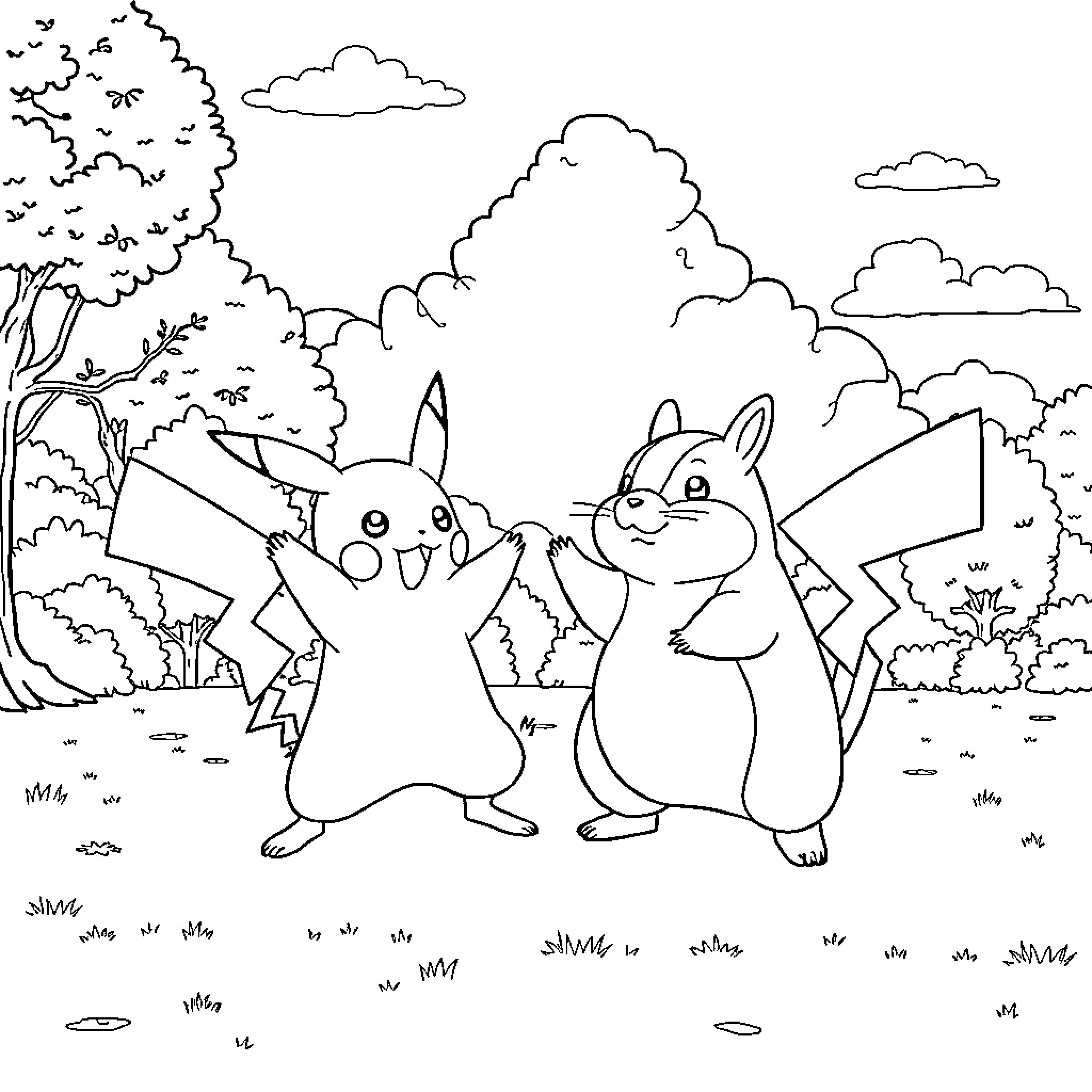 Pikachu and Squirrel Pokémon exploring the outdoors Coloring Page (free black-and-white line drawing printable PDF for all, from beginners to advanced learners, including children, teens, adults, and seniors)