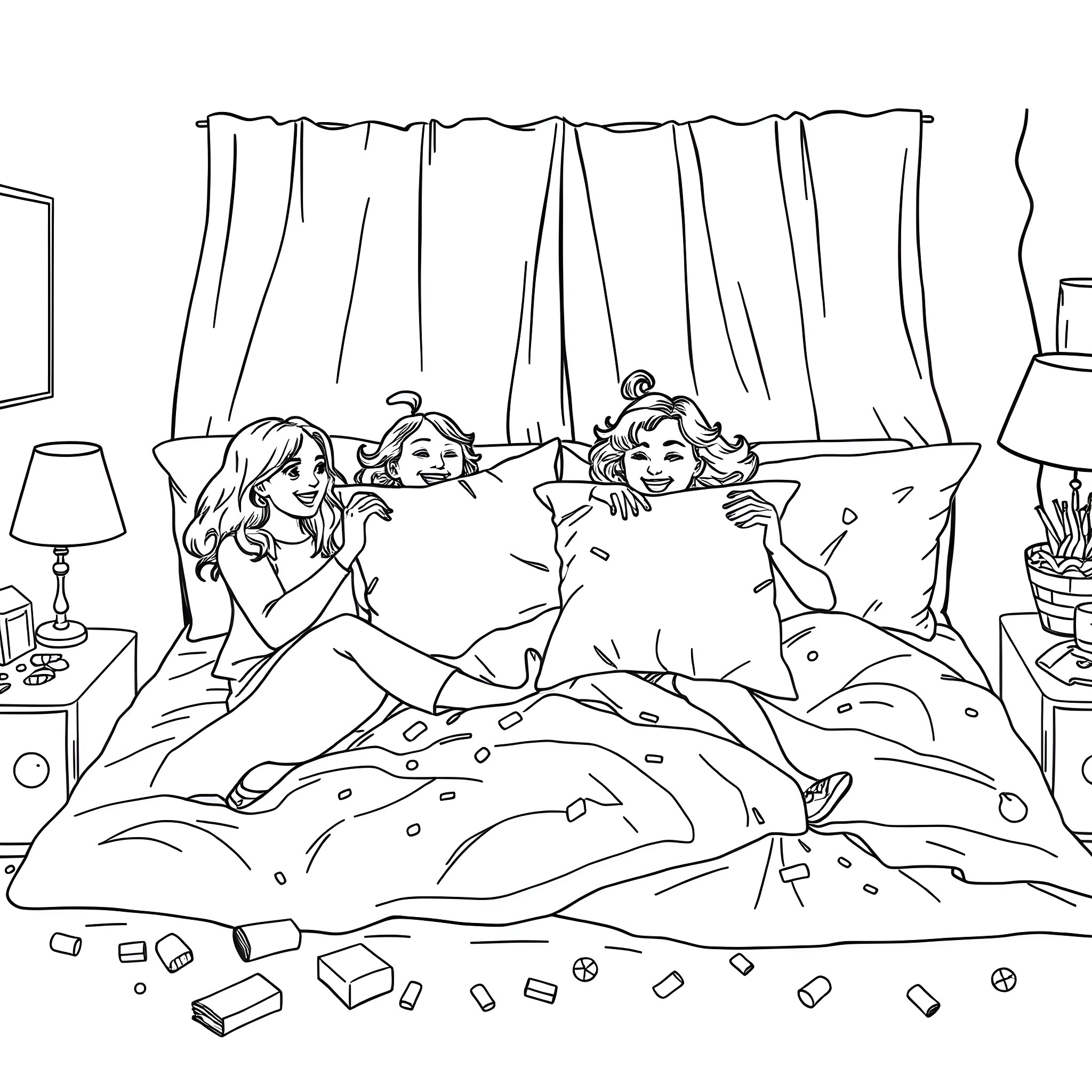 Transgender Lesbian Trio Cuddling in Bed Coloring Page (free black-and-white line drawing printable PDF for all, from beginners to advanced learners, including children, teens, adults, and seniors)