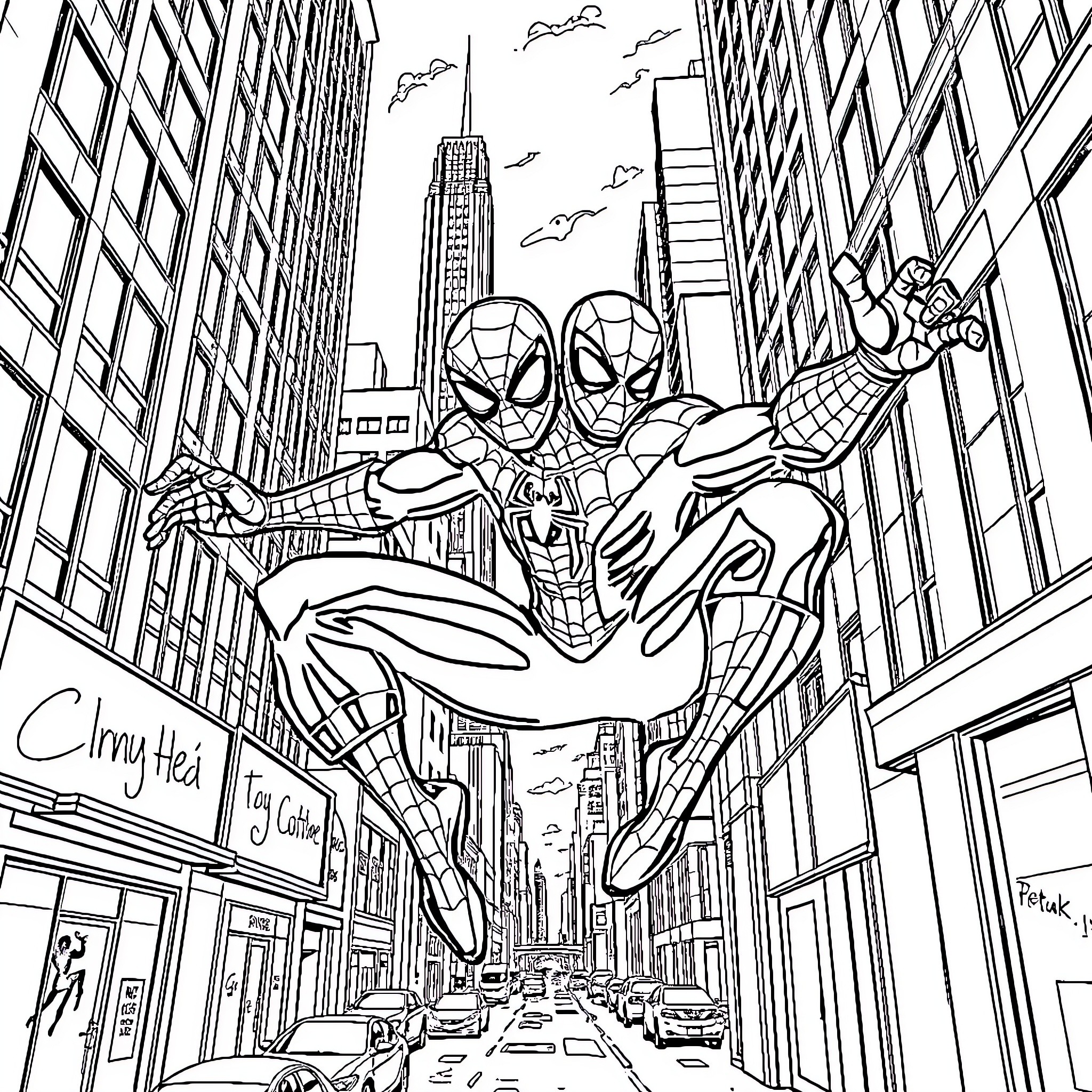 Spiderman Swinging Through the City Skyline Coloring Page (free black-and-white line drawing printable PDF for all, from beginners to advanced learners, including children, teens, adults, and seniors)