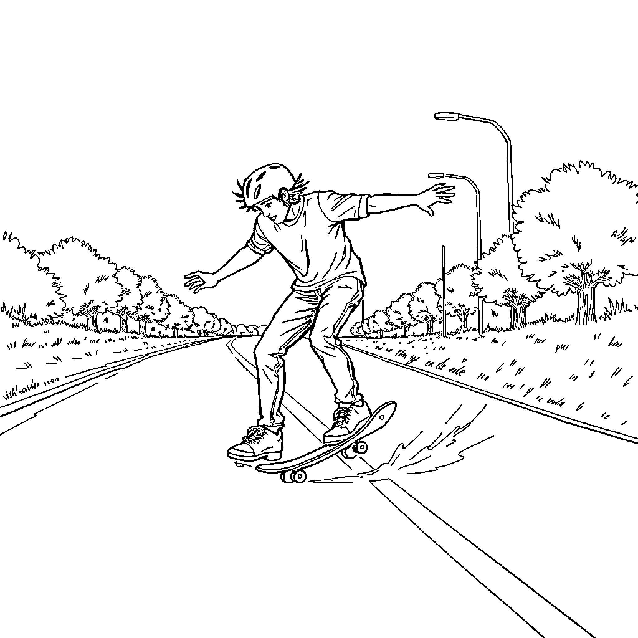 Human skateboarding in an outdoor environment Coloring Page (free black-and-white line drawing printable PDF for all, from beginners to advanced learners, including children, teens, adults, and seniors)
