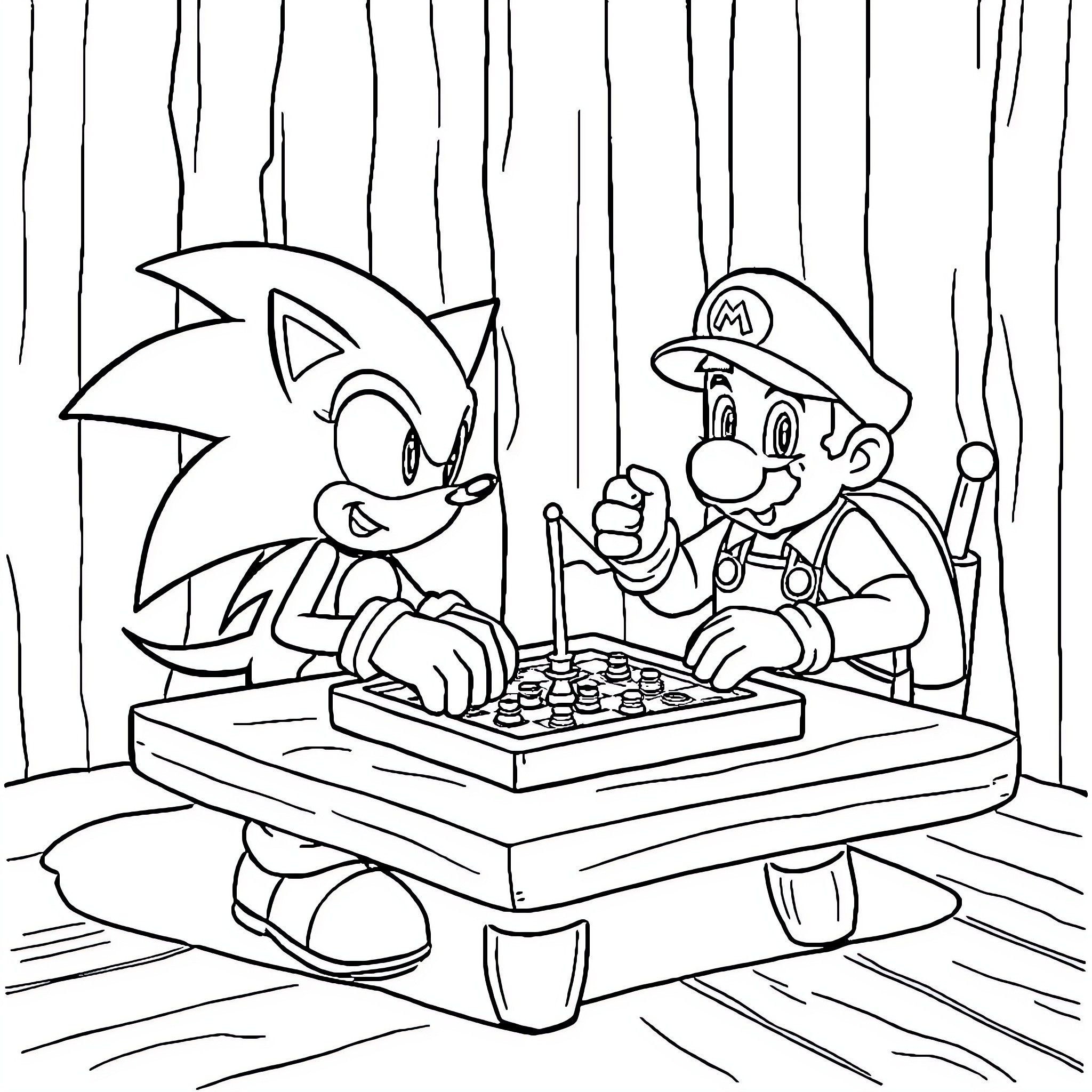 Sonic and Mario playing video game together Coloring Page (free black-and-white line drawing printable PDF for all, from beginners to advanced learners, including children, teens, adults, and seniors)
