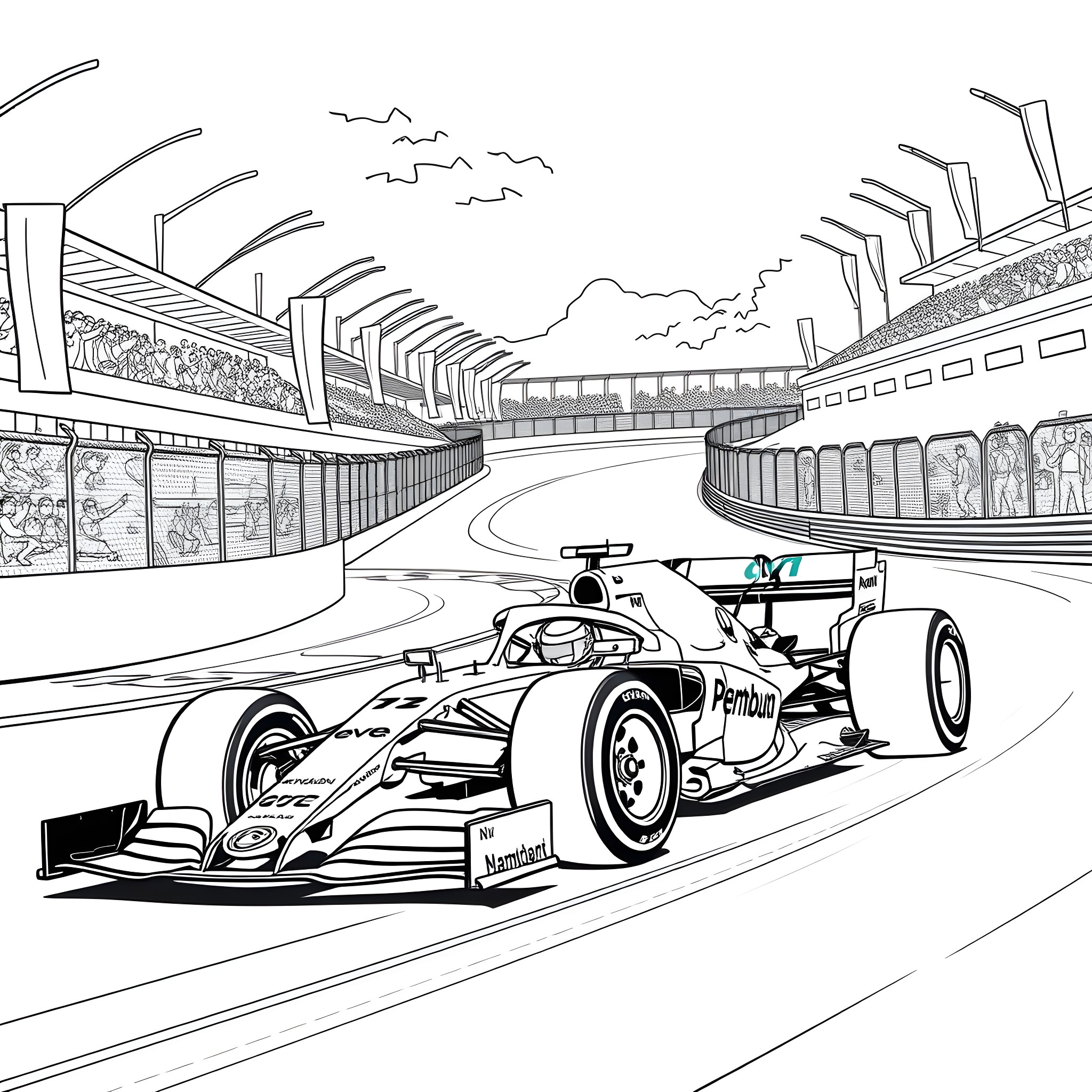 F1 Car racing on a circuit track Coloring Page (free black-and-white line drawing printable PDF for all, from beginners to advanced learners, including children, teens, adults, and seniors)