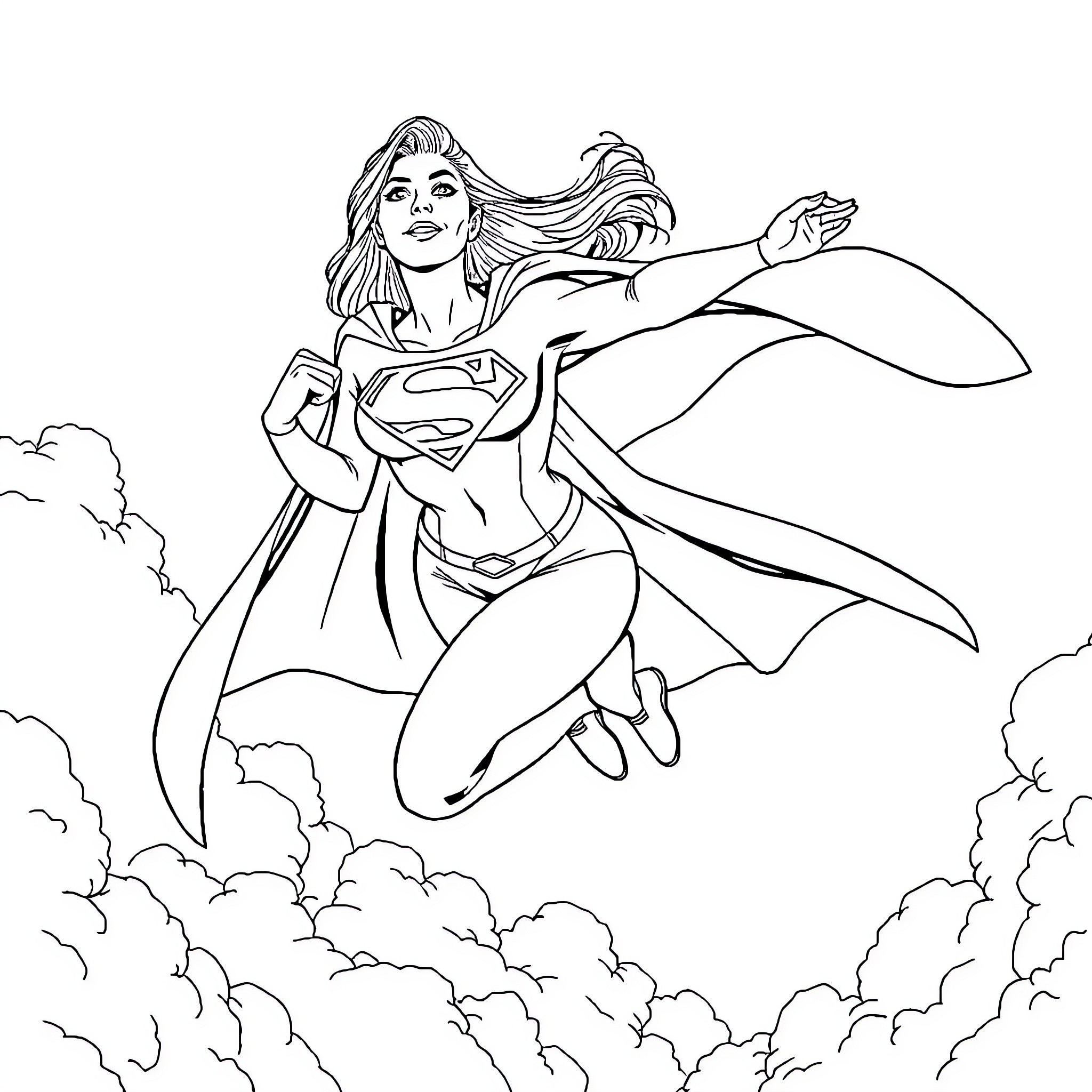 Supergirl soaring through the clouds Coloring Page (free black-and-white line drawing printable PDF for all, from beginners to advanced learners, including children, teens, adults, and seniors)