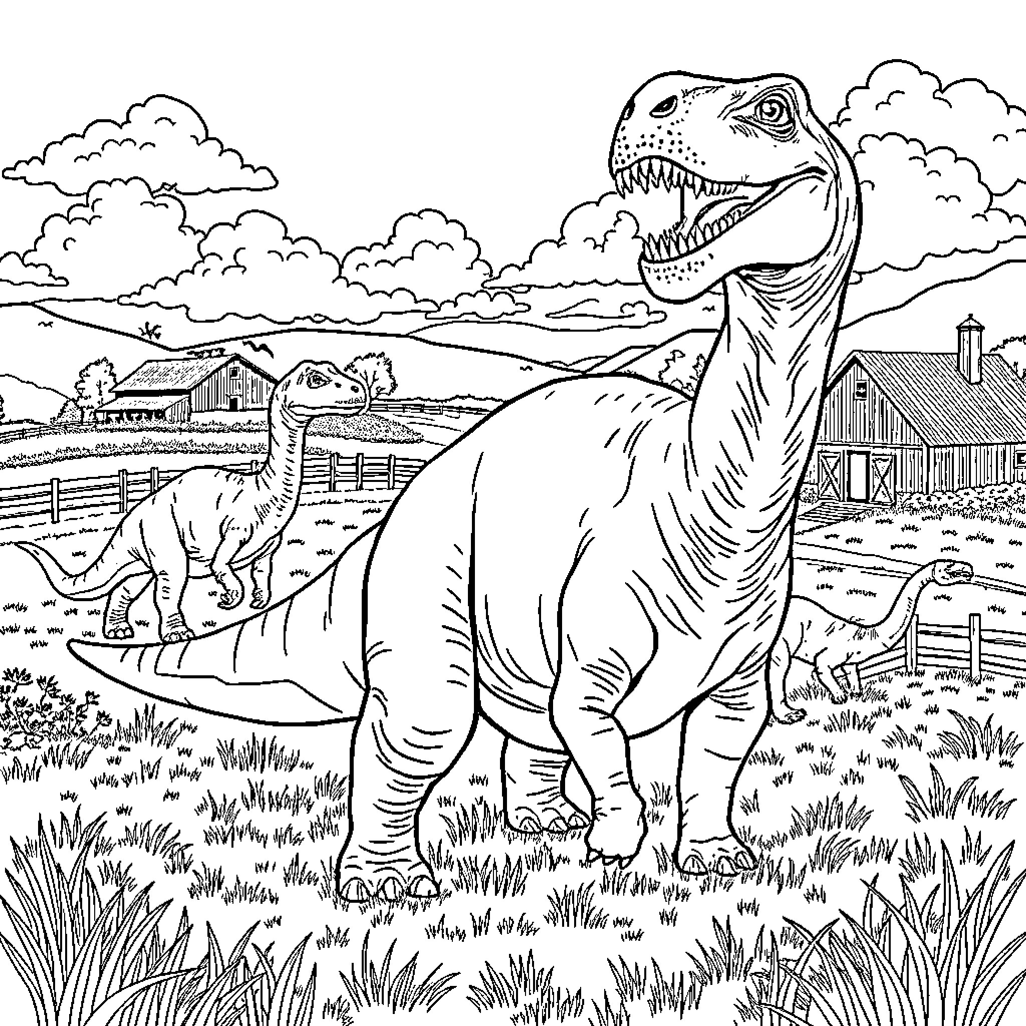 Dinosaurs roaming through farmland and countryside Coloring Page (free black-and-white line drawing printable PDF for all, from beginners to advanced learners, including children, teens, adults, and seniors)