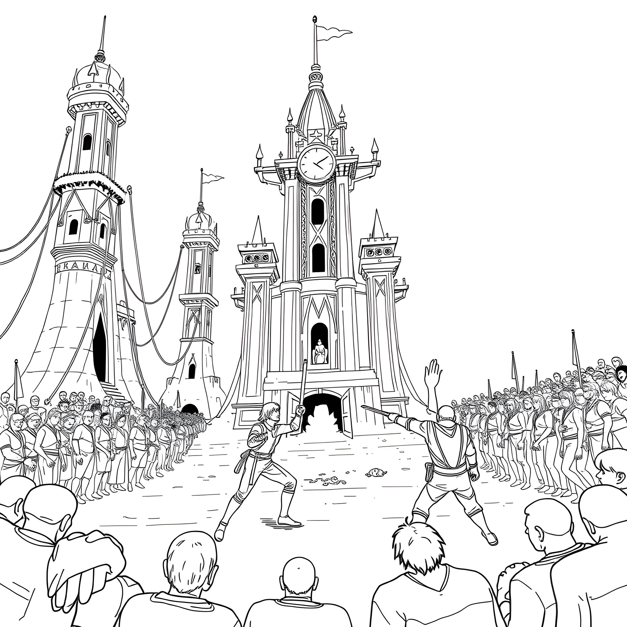 Squid Game contestants in an ornate arena setting Coloring Page (free black-and-white line drawing printable PDF for all, from beginners to advanced learners, including children, teens, adults, and seniors)