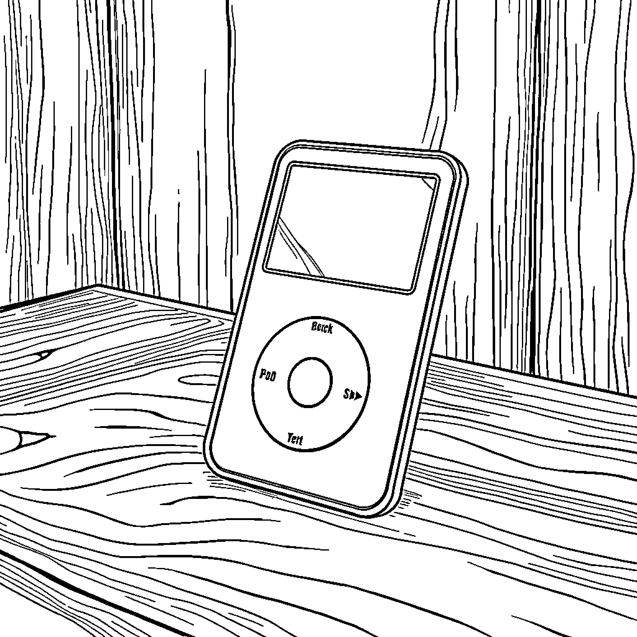 iPod resting on wooden surface Coloring Page (free black-and-white line drawing printable PDF for all, from beginners to advanced learners, including children, teens, adults, and seniors)