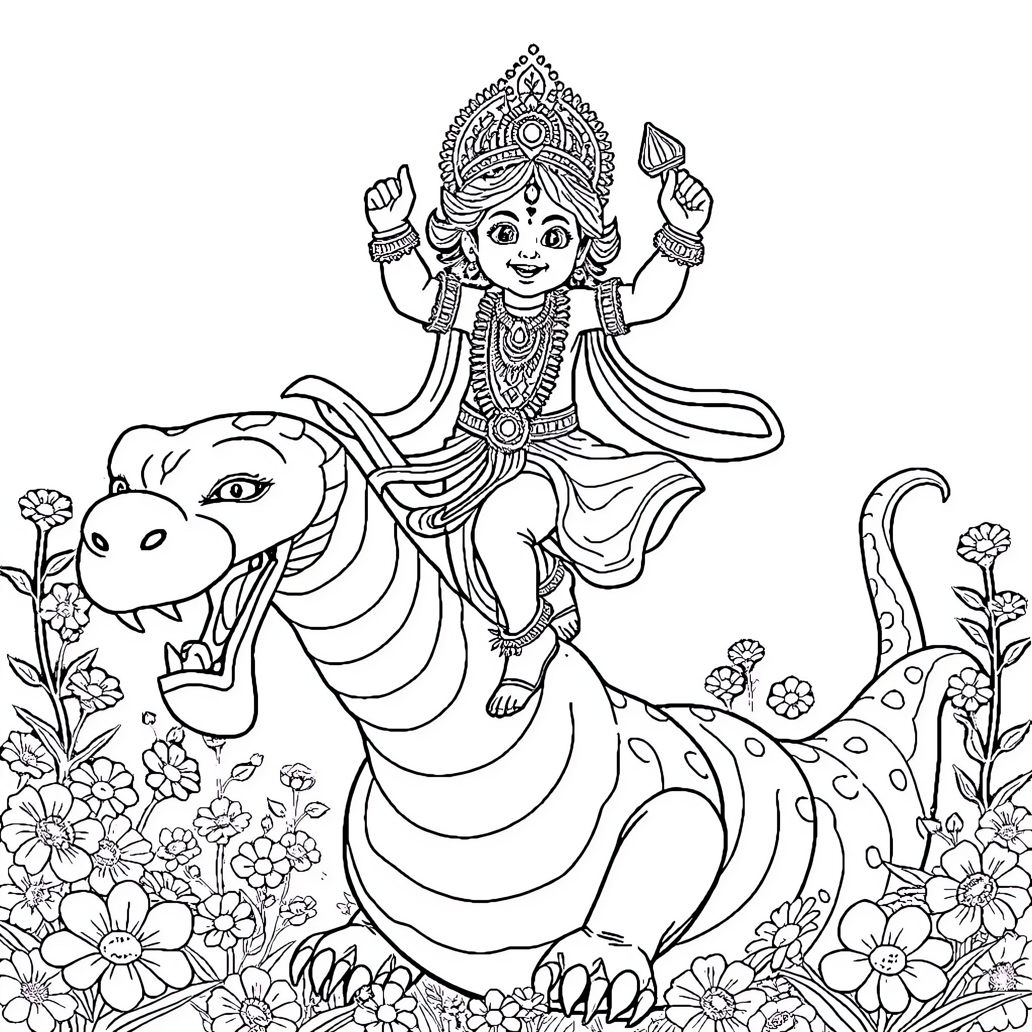 Krishna riding a mythical beast in a flowery garden Coloring Page (free black-and-white line drawing printable PDF for all, from beginners to advanced learners, including children, teens, adults, and seniors)