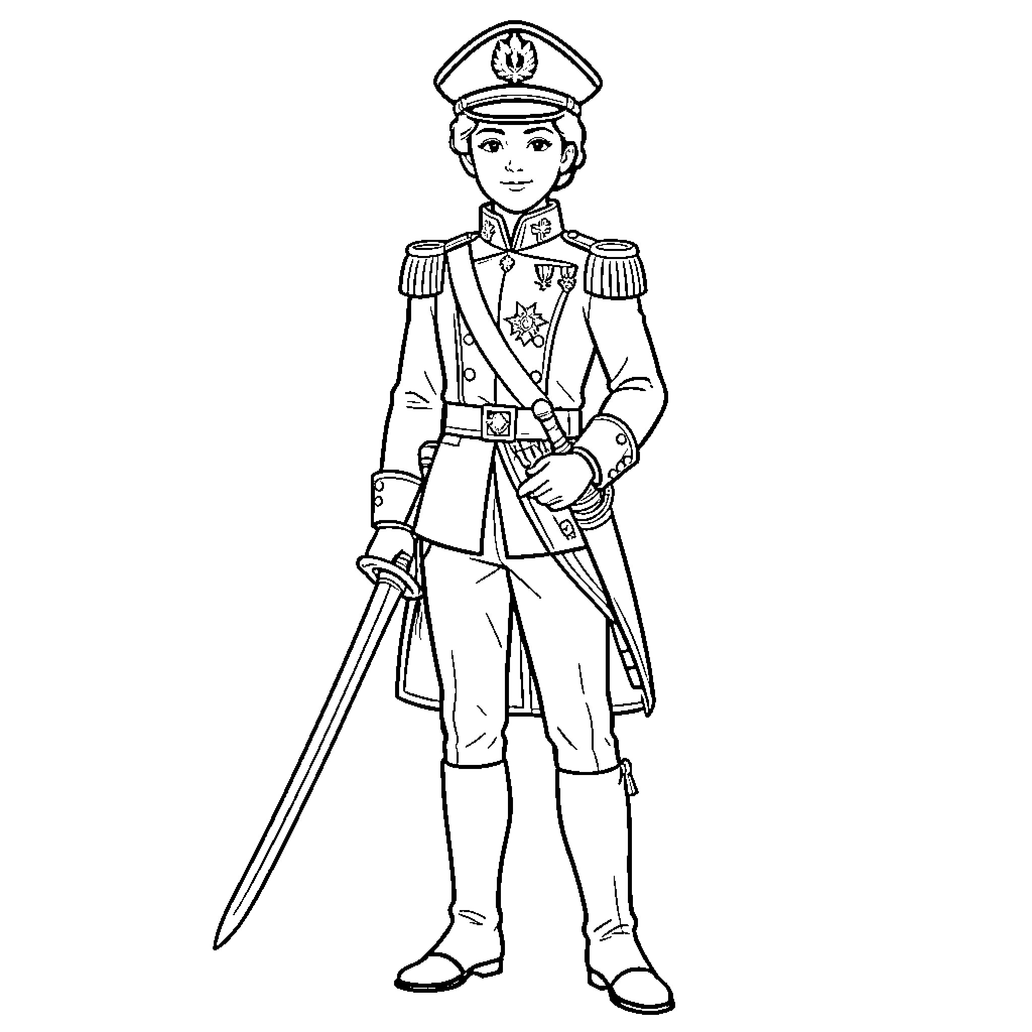 Oscar in military uniform with sword Coloring Page (free black-and-white line drawing printable PDF for all, from beginners to advanced learners, including children, teens, adults, and seniors)