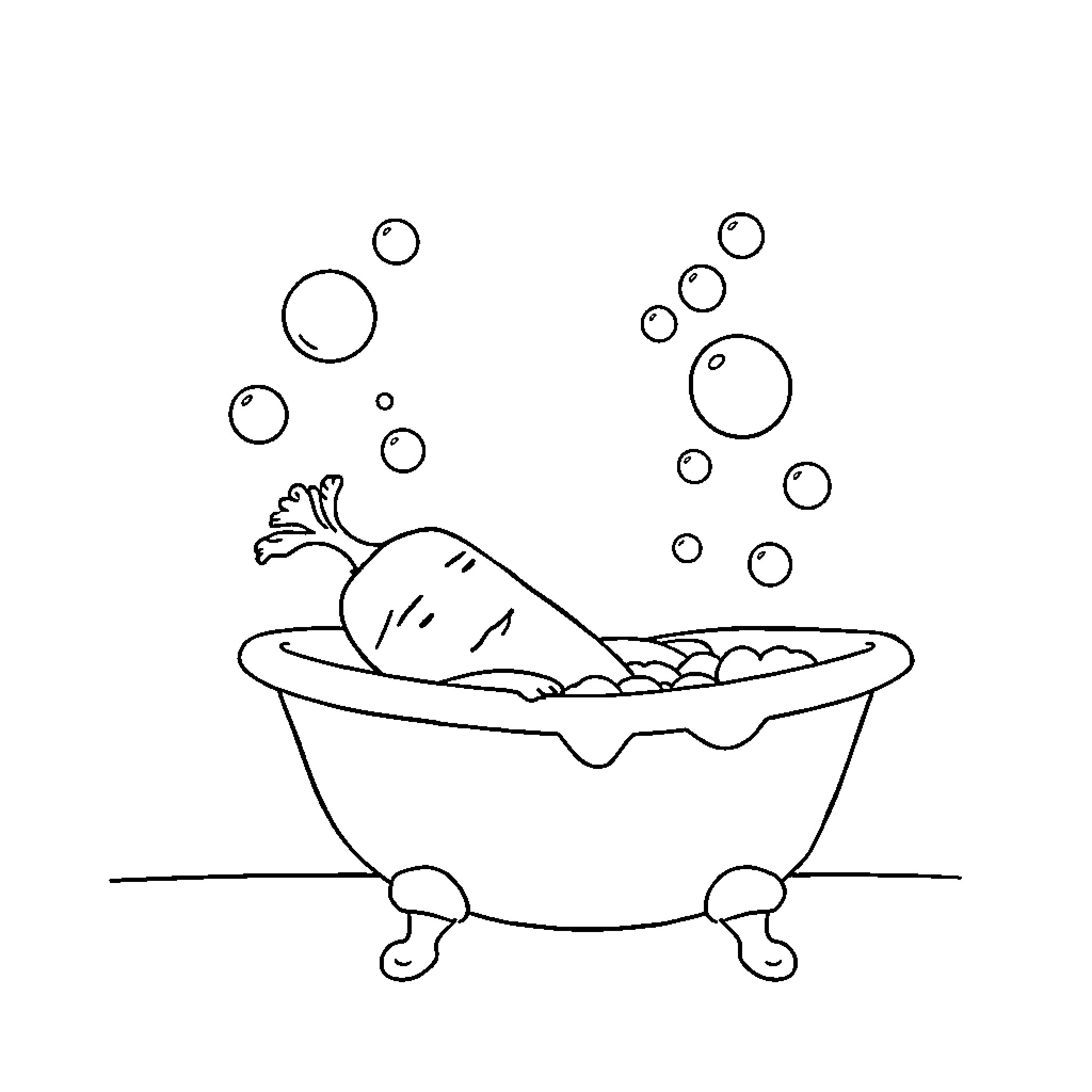 Carrot relaxing in the bubbled bathtub Coloring Page (free black-and-white line drawing printable PDF for all, from beginners to advanced learners, including children, teens, adults, and seniors)