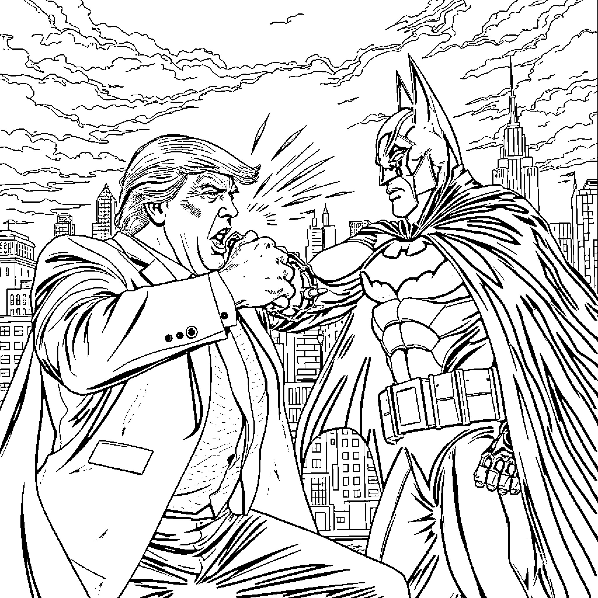 Batman Confronts the Corrupt Politician in the City Coloring Page (free black-and-white line drawing printable PDF for all, from beginners to advanced learners, including children, teens, adults, and seniors)