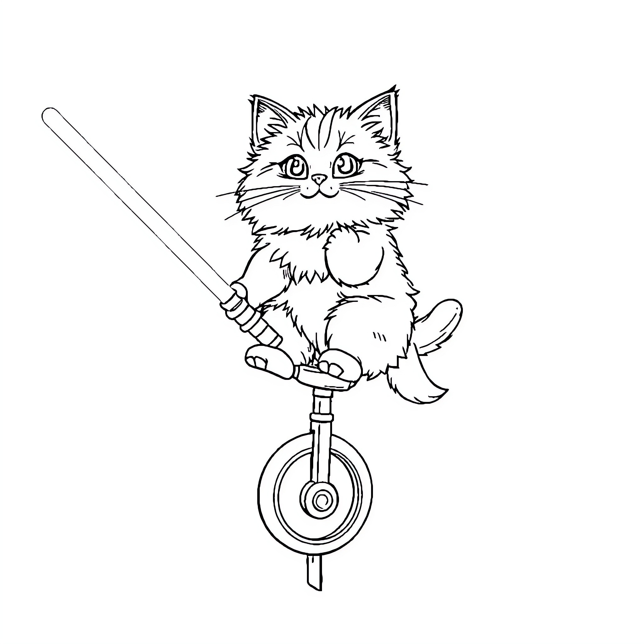 Cat balancing on unicycle with sword Coloring Page (free black-and-white line drawing printable PDF for all, from beginners to advanced learners, including children, teens, adults, and seniors)
