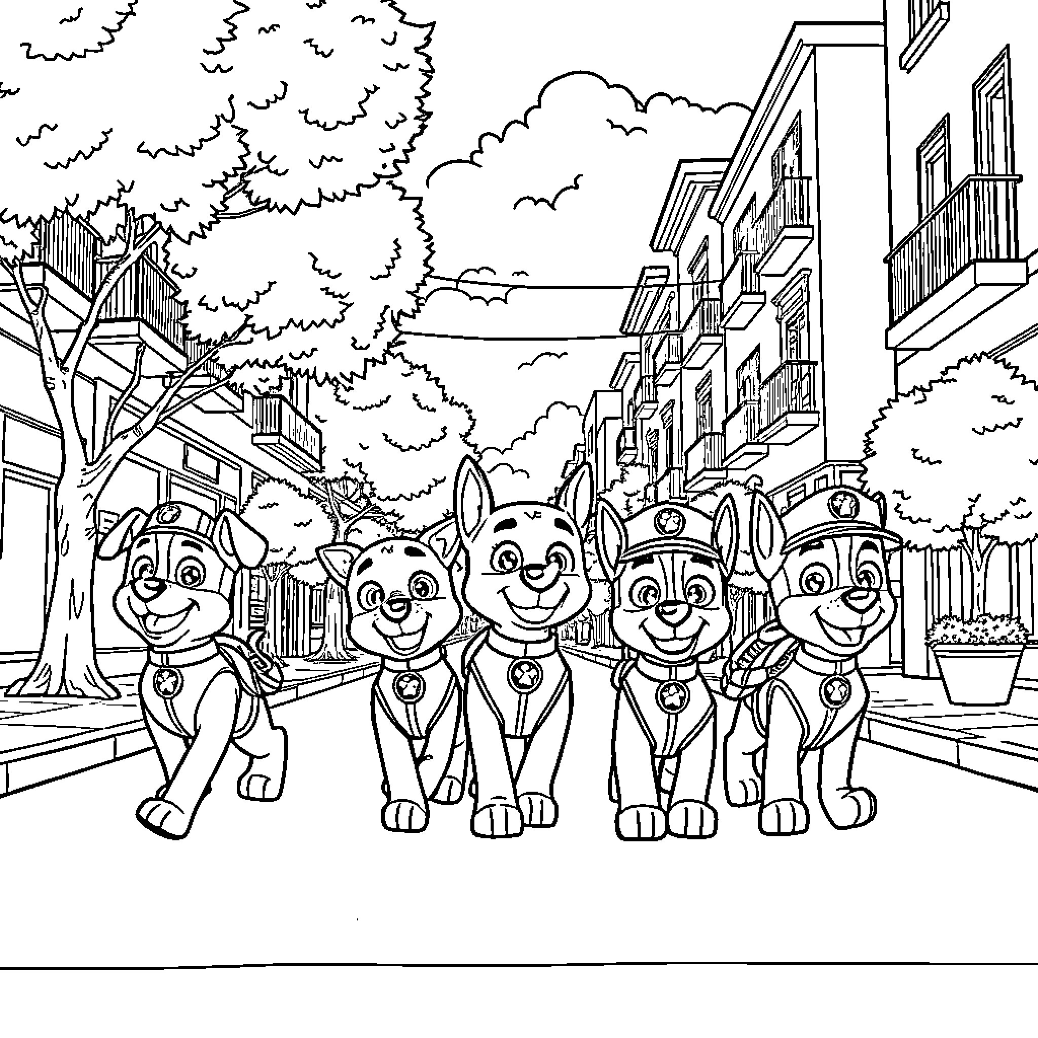 Paw Patrol Pups Exploring the Town Coloring Page (free black-and-white line drawing printable PDF for all, from beginners to advanced learners, including children, teens, adults, and seniors)