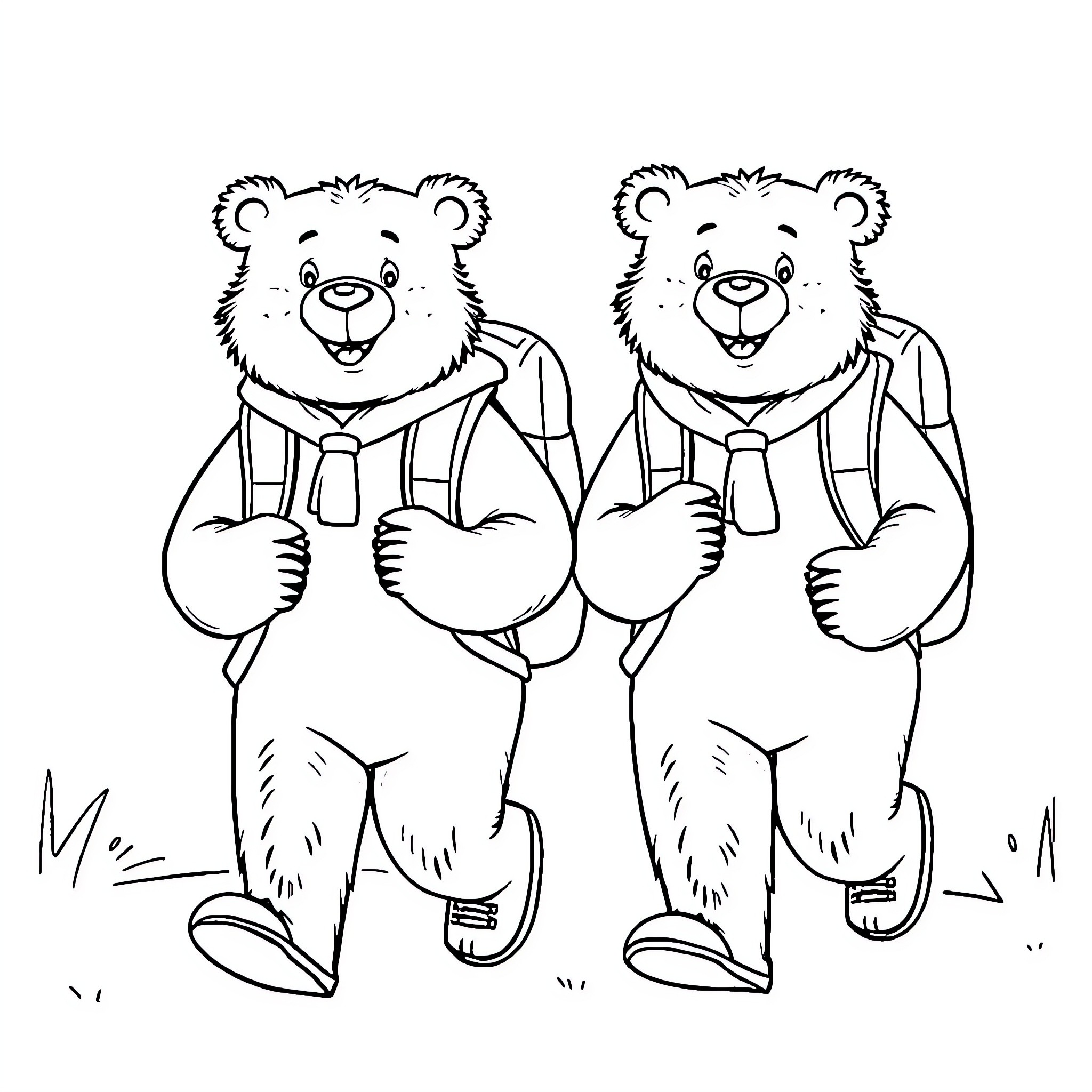 Bear friends walking together happily Coloring Page (free black-and-white line drawing printable PDF for all, from beginners to advanced learners, including children, teens, adults, and seniors)