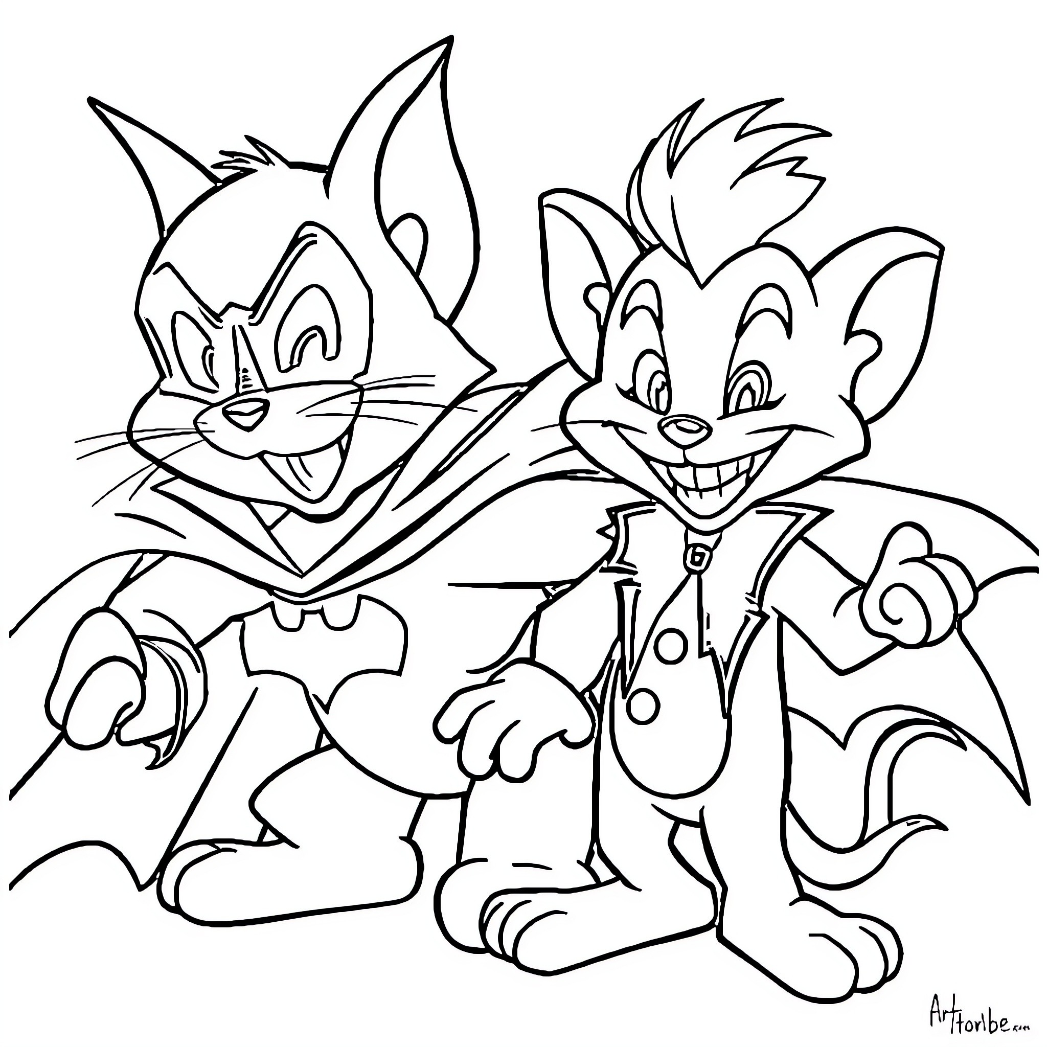 Tom and Jerry - Mischievous Duo's Antics Coloring Page (free black-and-white line drawing printable PDF for all, from beginners to advanced learners, including children, teens, adults, and seniors)