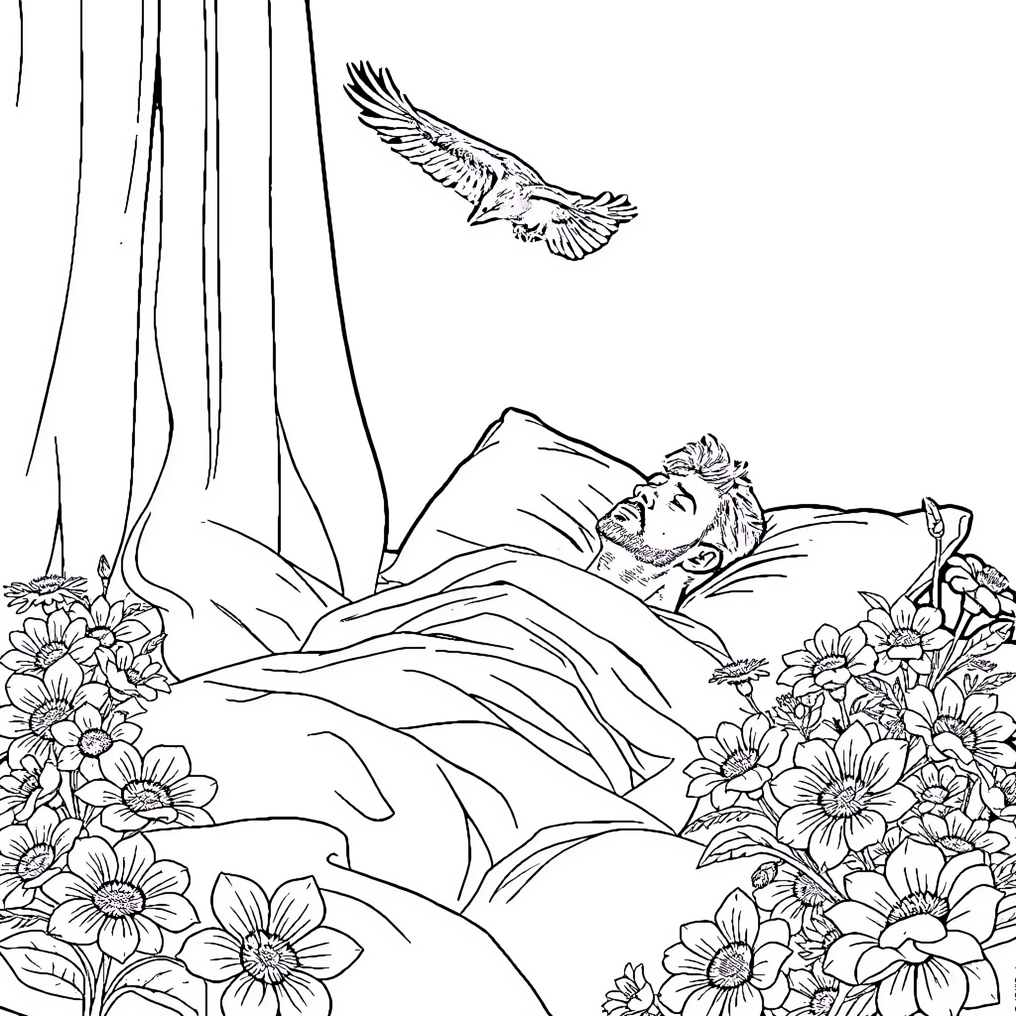 Man resting on a bed of flowers with birds Coloring Page (free black-and-white line drawing printable PDF for all, from beginners to advanced learners, including children, teens, adults, and seniors)