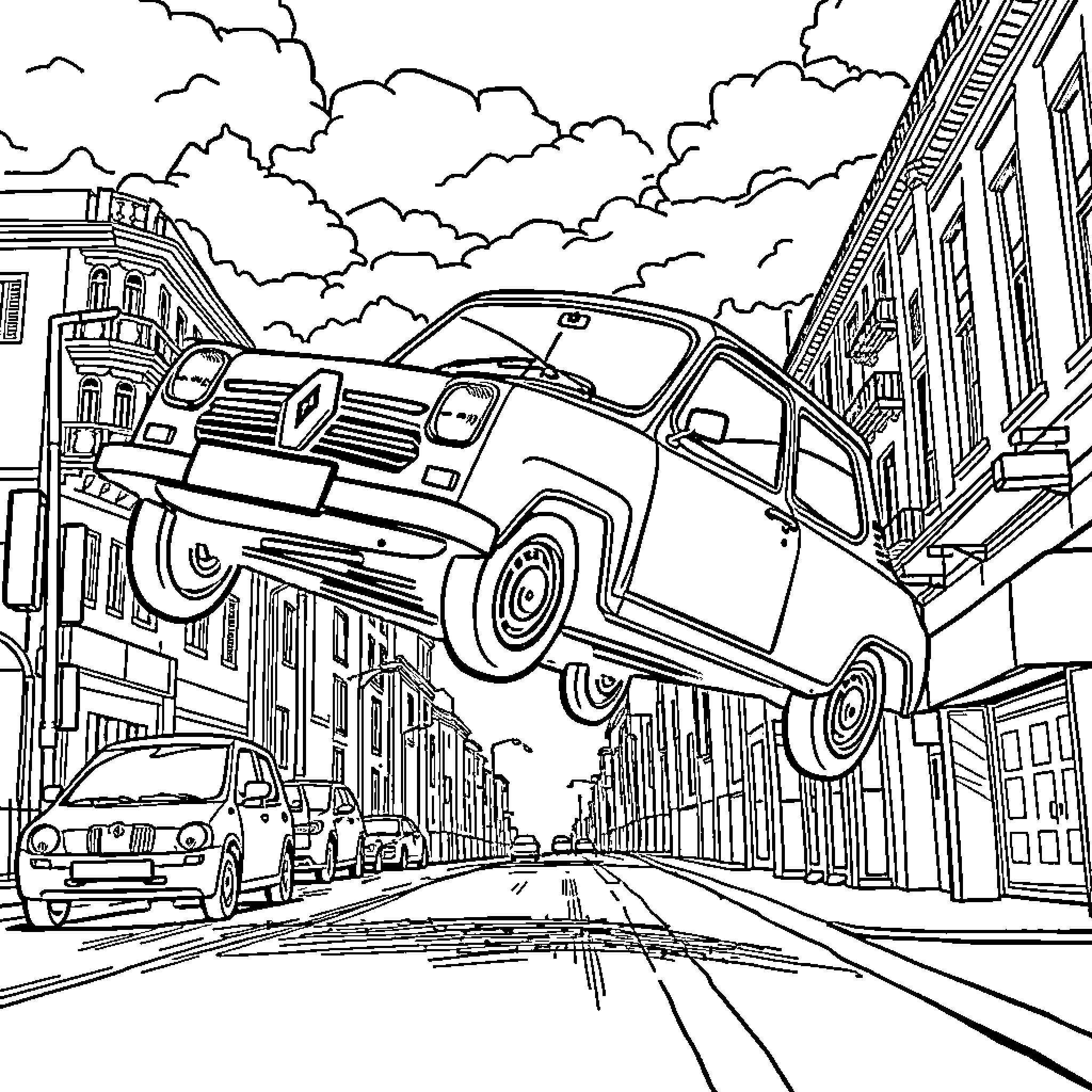 Renault 5 speeding down the city street Coloring Page (free black-and-white line drawing printable PDF for all, from beginners to advanced learners, including children, teens, adults, and seniors)