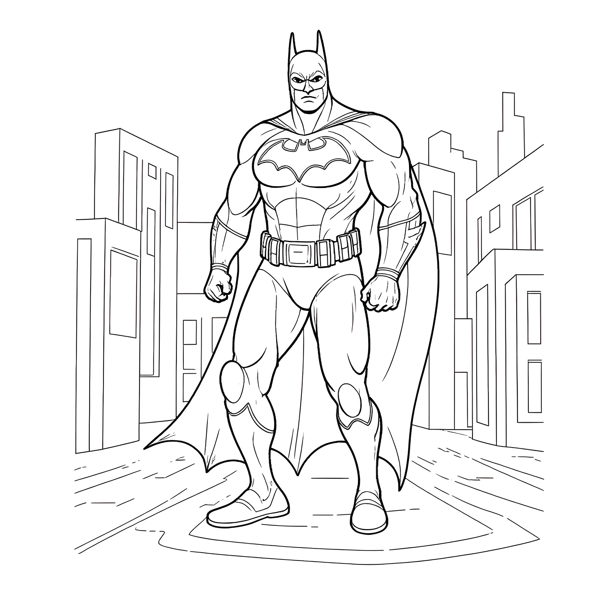 Bigfoot superhero in the city Coloring Page (free black-and-white line drawing printable PDF for all, from beginners to advanced learners, including children, teens, adults, and seniors)
