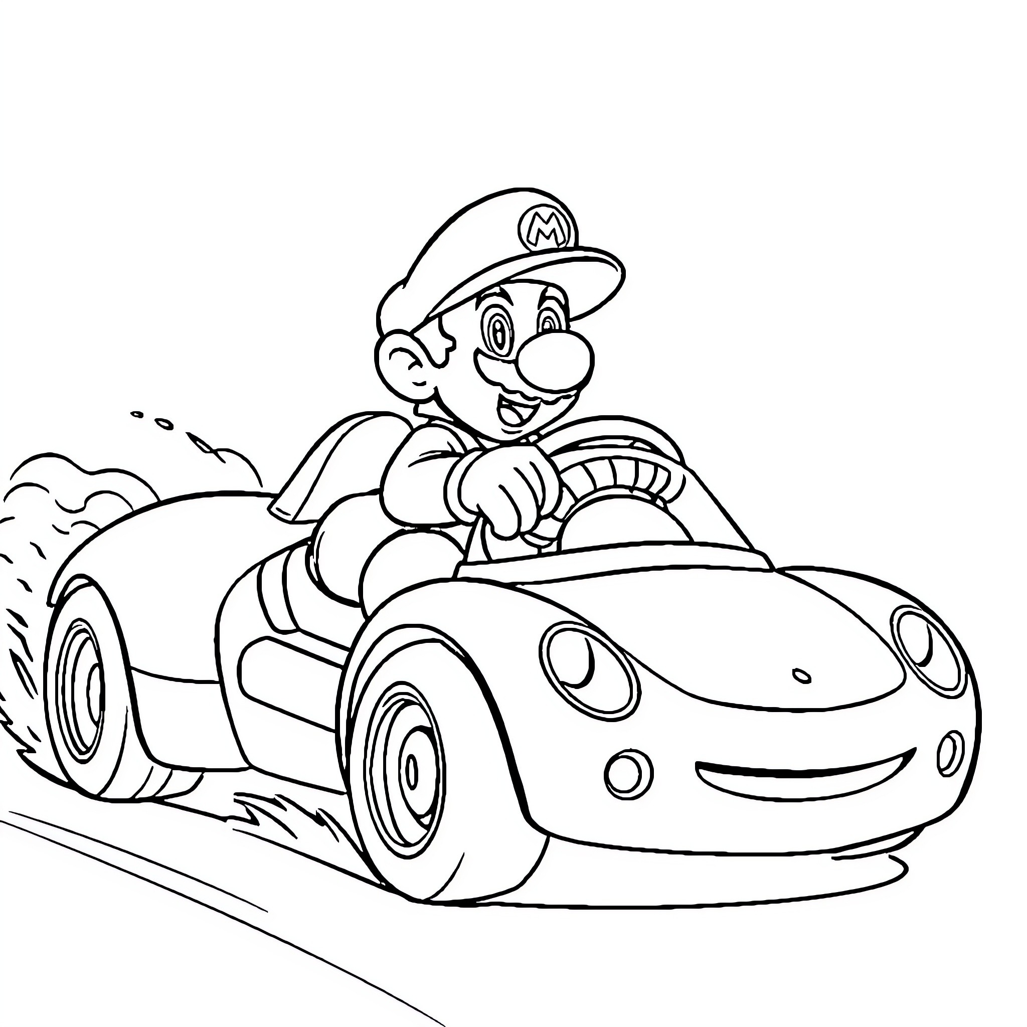 Car driven by cheerful cartoon character Coloring Page (free black-and-white line drawing printable PDF for all, from beginners to advanced learners, including children, teens, adults, and seniors)