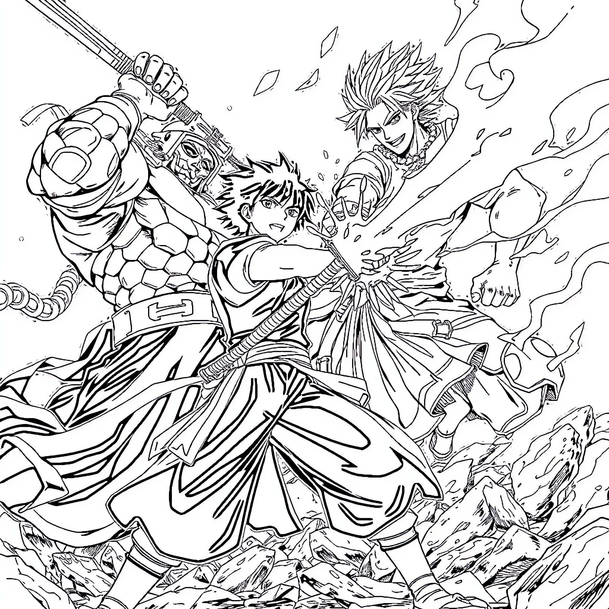 Yono Clash of Powerful Anime Characters Coloring Page (free black-and-white line drawing printable PDF for all, from beginners to advanced learners, including children, teens, adults, and seniors)