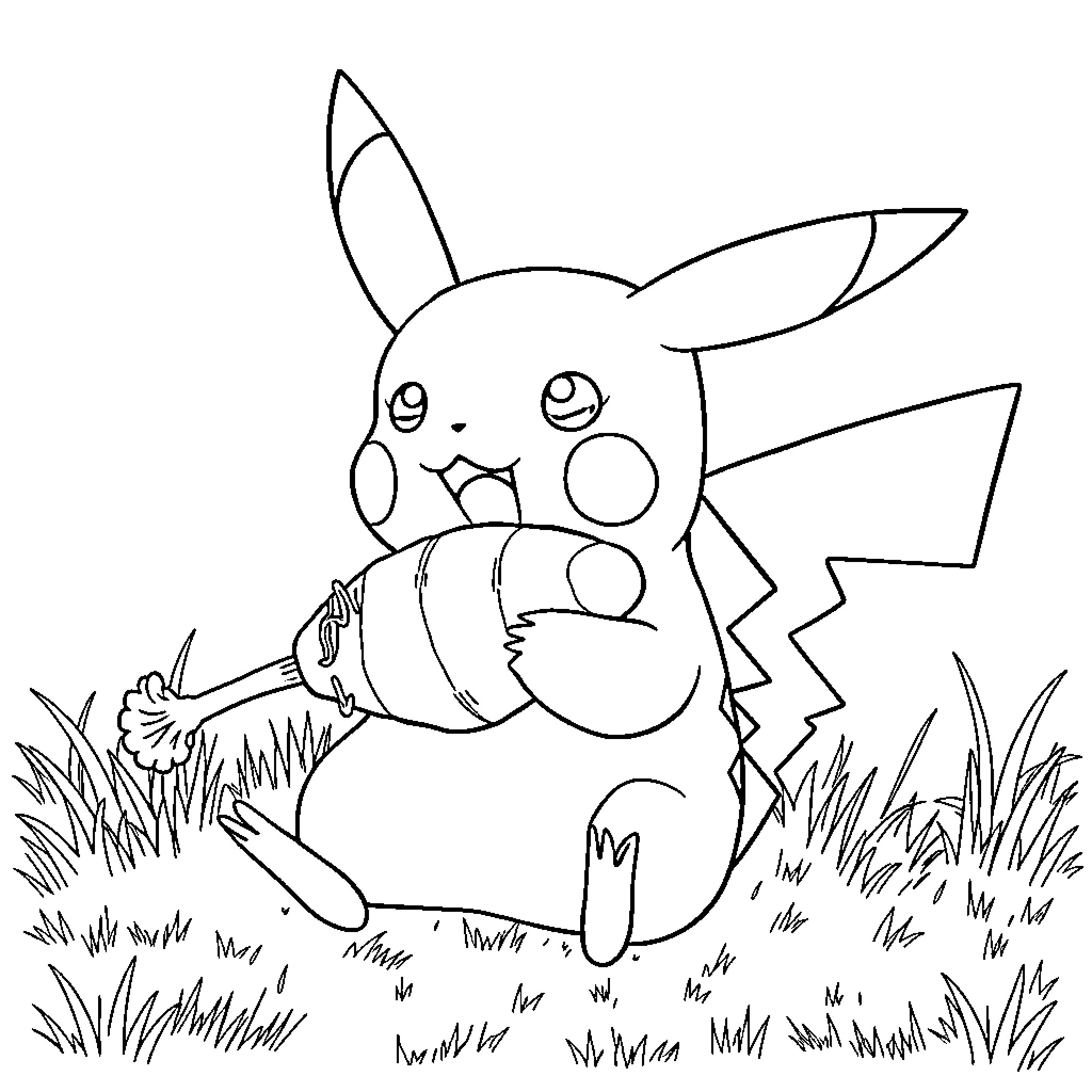Pikachu holding a large fish in the grass Coloring Page (free black-and-white line drawing printable PDF for all, from beginners to advanced learners, including children, teens, adults, and seniors)