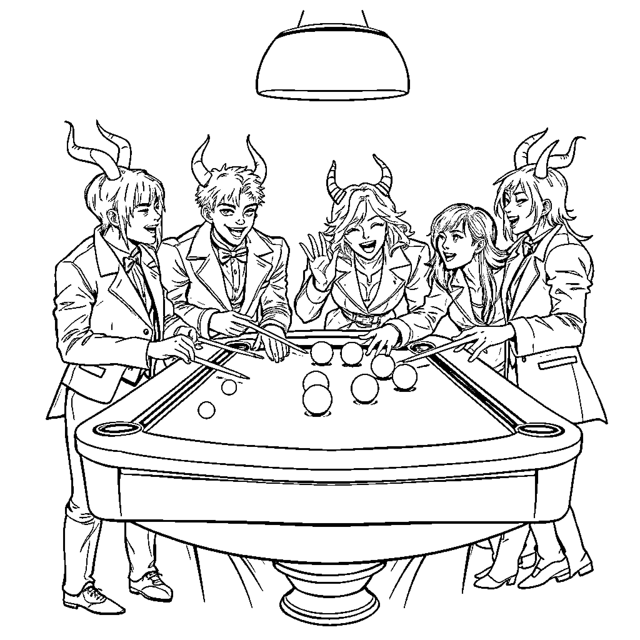 Demon Hunters playing pool together Coloring Page (free black-and-white line drawing printable PDF for all, from beginners to advanced learners, including children, teens, adults, and seniors)