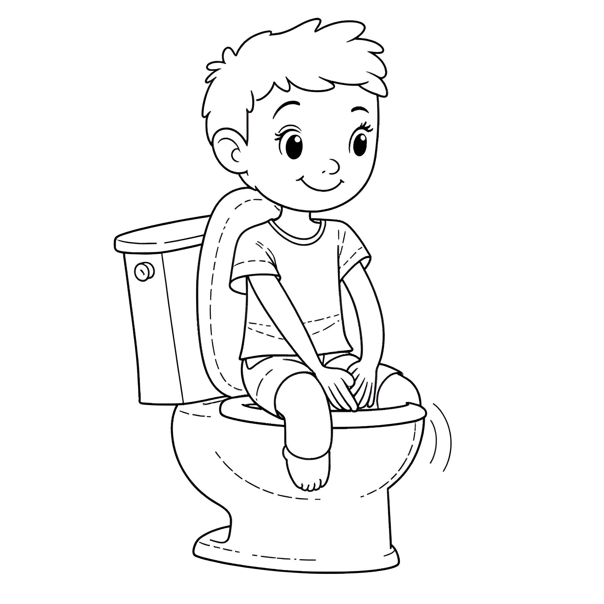 Boy sitting on toilet with a happy expression Coloring Page (free black-and-white line drawing printable PDF for all, from beginners to advanced learners, including children, teens, adults, and seniors)