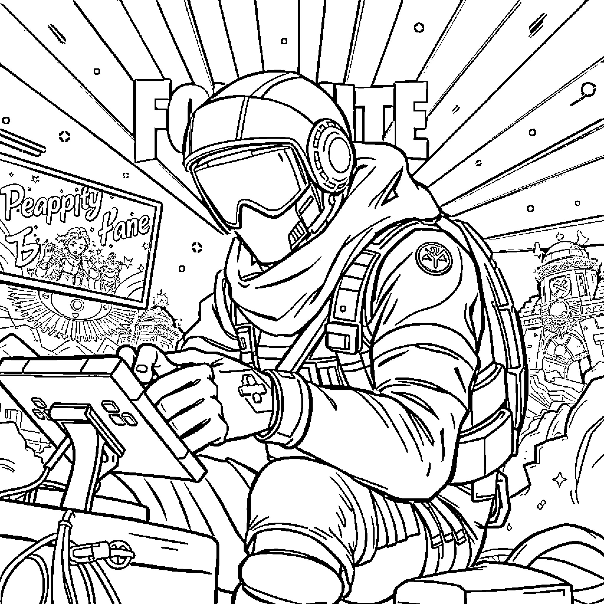 Fortnite Character in Futuristic Battle Scene Coloring Page (free black-and-white line drawing printable PDF for all, from beginners to advanced learners, including children, teens, adults, and seniors)