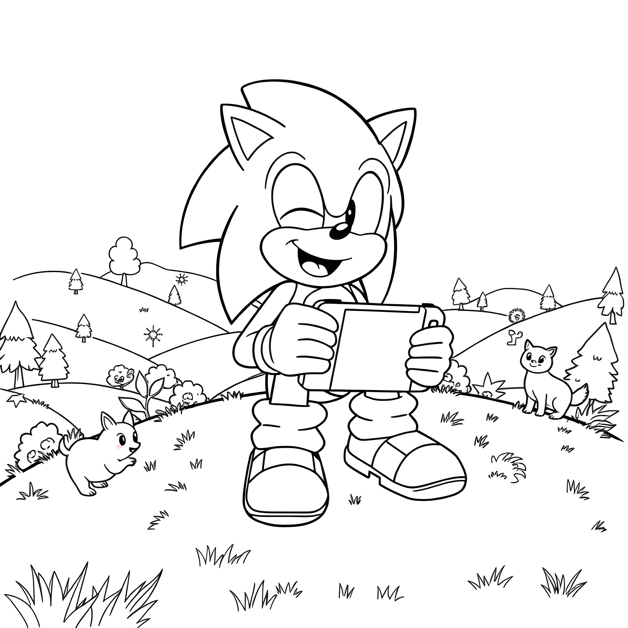 Sonic enjoying the outdoors with animals Coloring Page (free black-and-white line drawing printable PDF for all, from beginners to advanced learners, including children, teens, adults, and seniors)