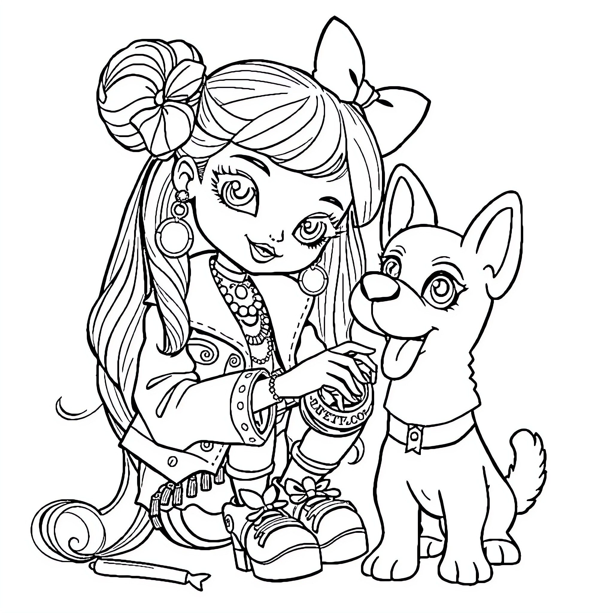 Bratz girl and her pet puppy in stylish outfits Coloring Page (free black-and-white line drawing printable PDF for all, from beginners to advanced learners, including children, teens, adults, and seniors)