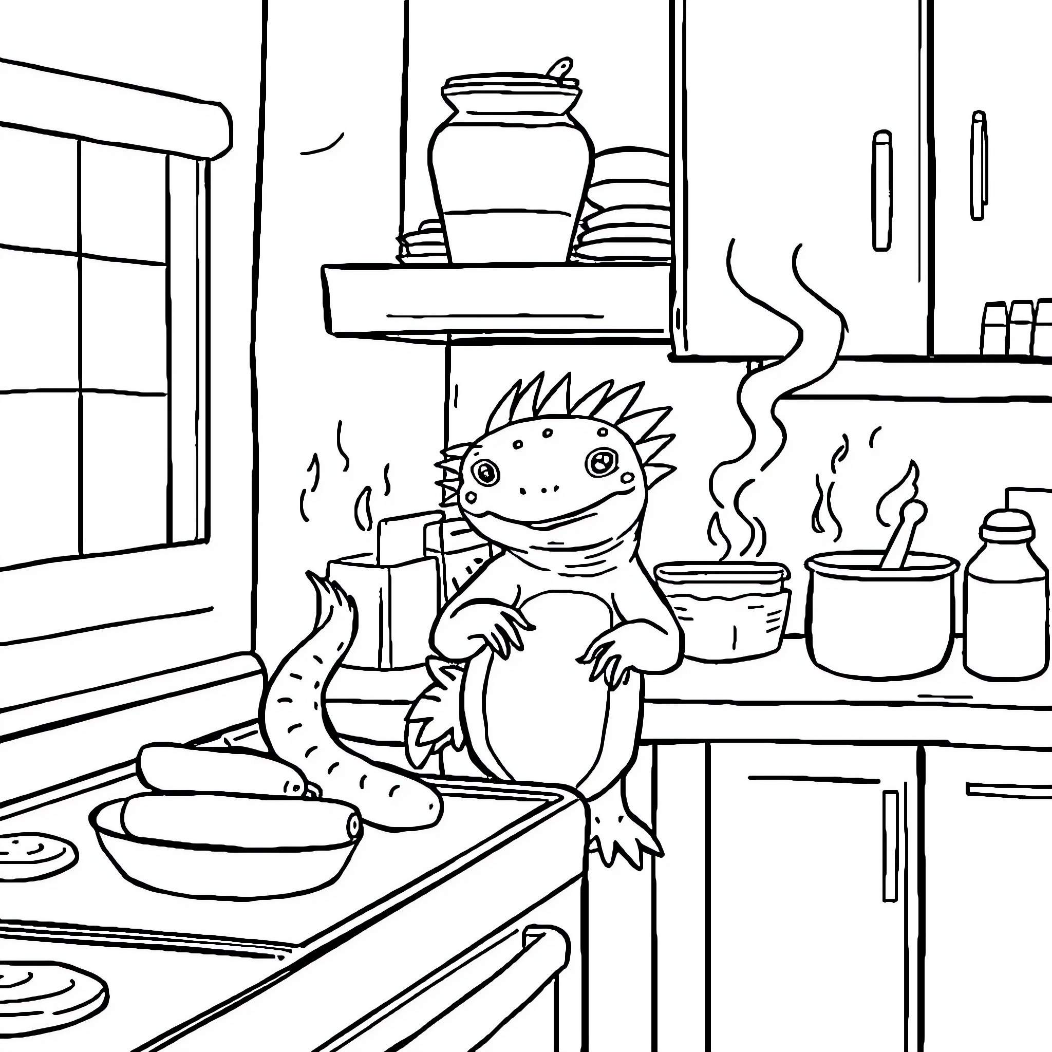 Axolotl cooking in a kitchen Coloring Page (free black-and-white line drawing printable PDF for all, from beginners to advanced learners, including children, teens, adults, and seniors)