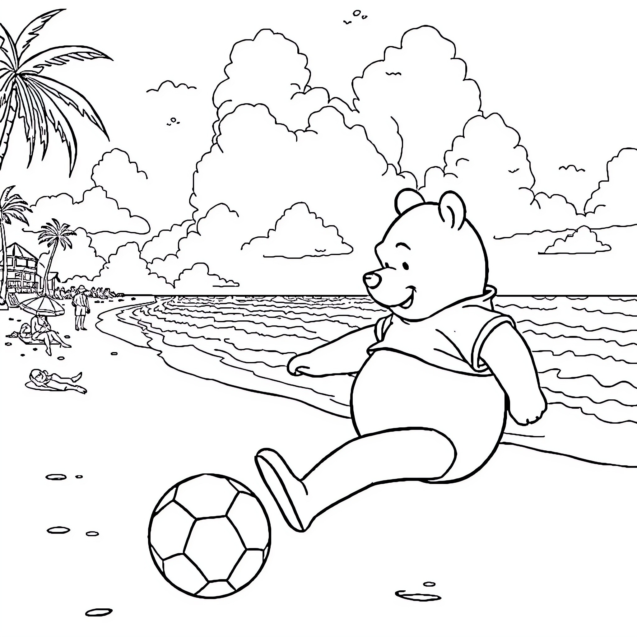 Pooh Bear playing with a soccer ball on the beach Coloring Page (free black-and-white line drawing printable PDF for all, from beginners to advanced learners, including children, teens, adults, and seniors)