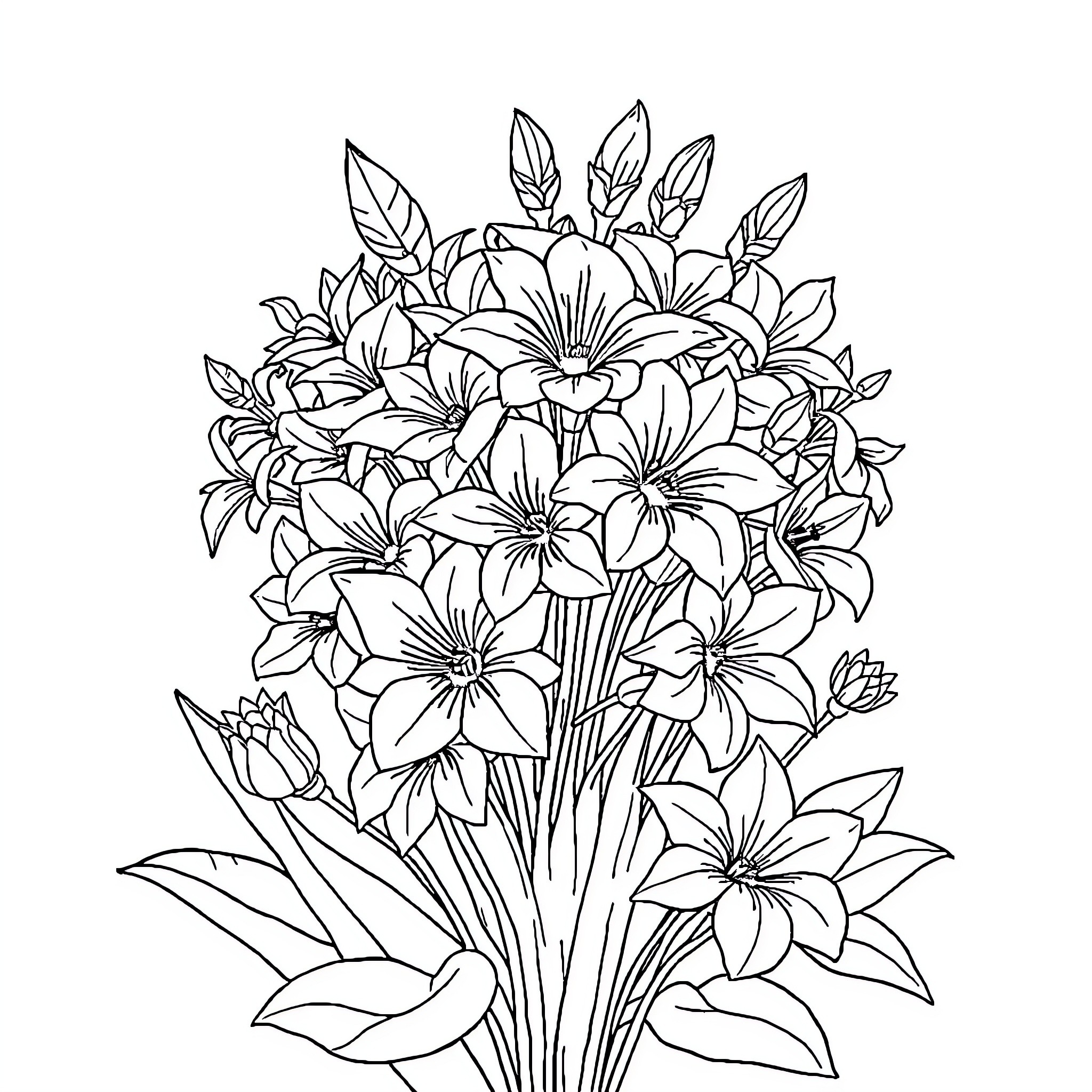Flower Bouquet Illustration with Detailed Floral Designs Coloring Page (free black-and-white line drawing printable PDF for all, from beginners to advanced learners, including children, teens, adults, and seniors)
