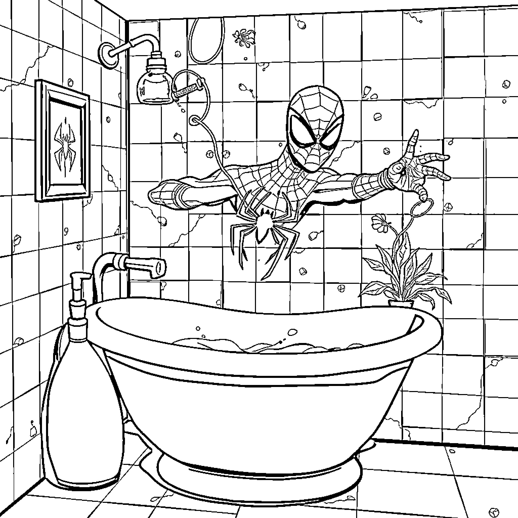 Spiderman in the Bathroom Coloring Page (free black-and-white line drawing printable PDF for all, from beginners to advanced learners, including children, teens, adults, and seniors)