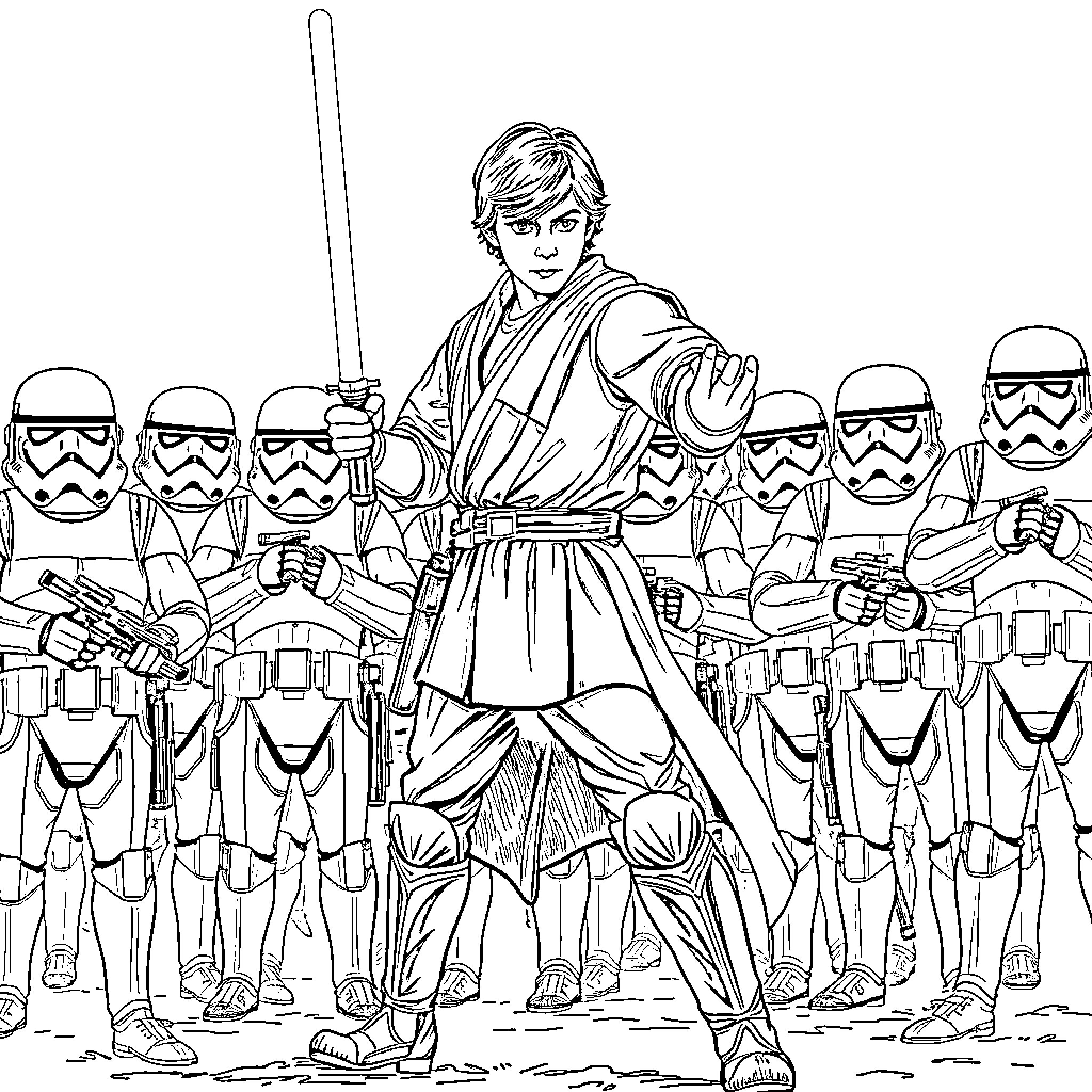 Luke Skywalker leading a group of stormtroopers Coloring Page (free black-and-white line drawing printable PDF for all, from beginners to advanced learners, including children, teens, adults, and seniors)