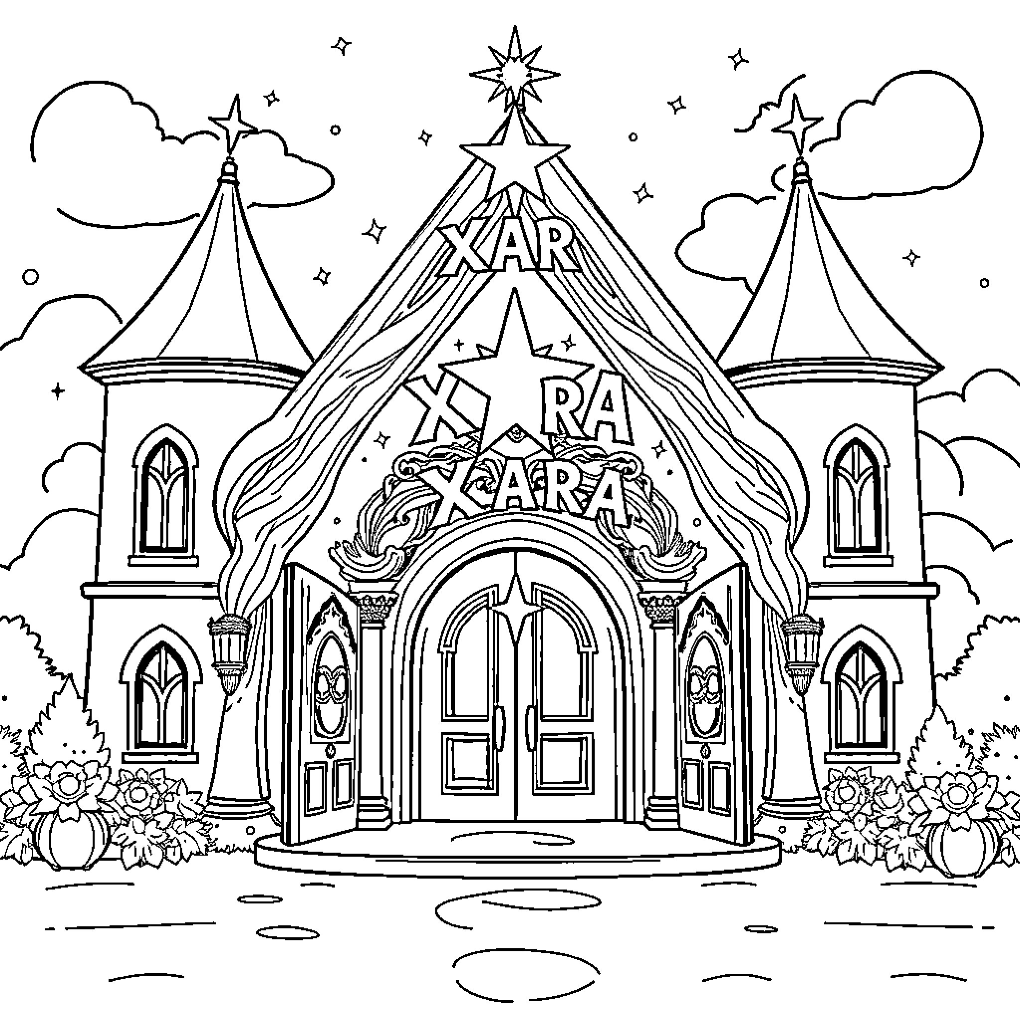 Unicorn Fantasy Castle with Decorative Entrance Coloring Page (free black-and-white line drawing printable PDF for all, from beginners to advanced learners, including children, teens, adults, and seniors)