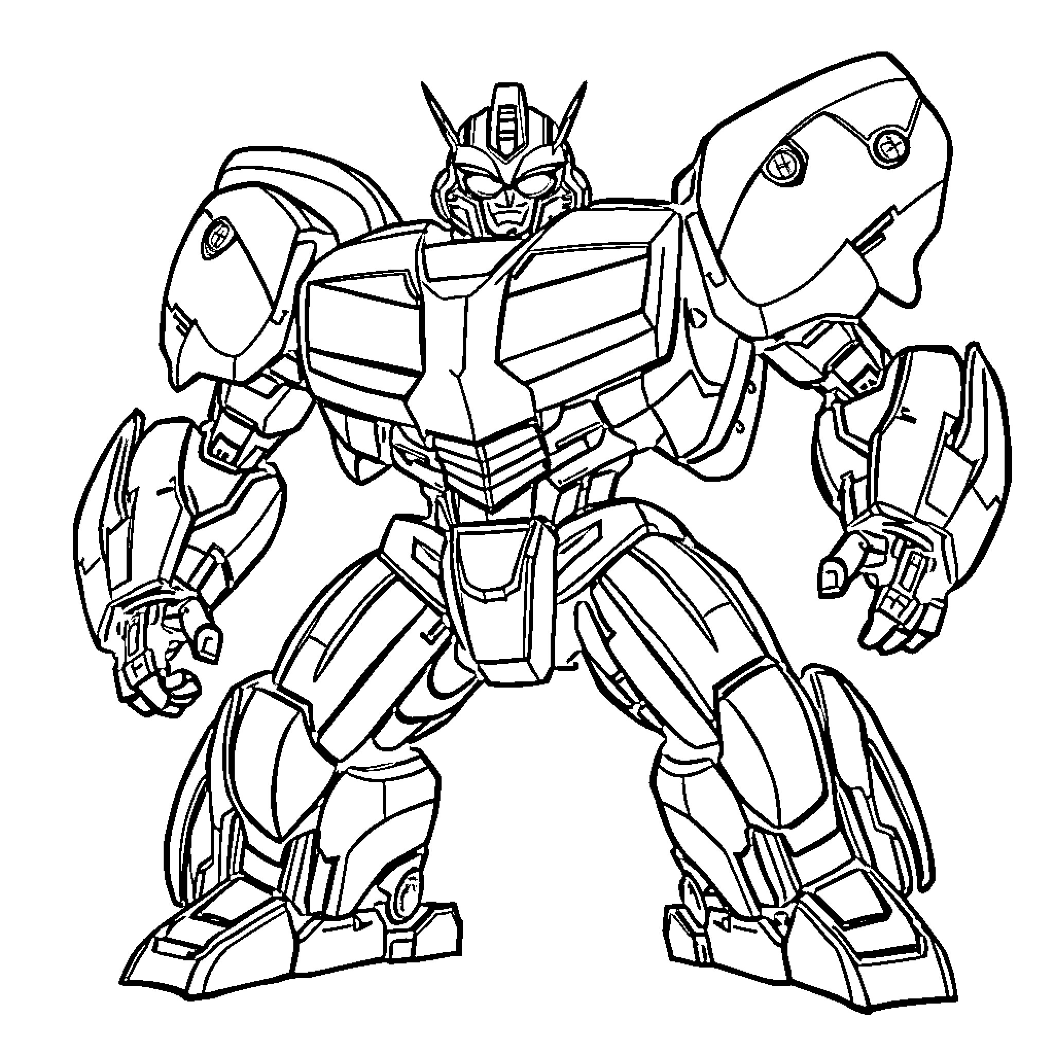 Bumblebee robot in battle-ready pose Coloring Page (free black-and-white line drawing printable PDF for all, from beginners to advanced learners, including children, teens, adults, and seniors)