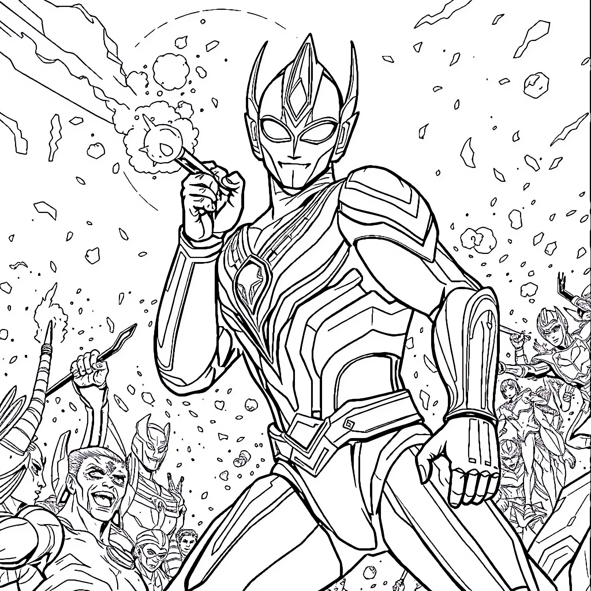 Ultraman's heroic battle in a chaotic scene Coloring Page (free black-and-white line drawing printable PDF for all, from beginners to advanced learners, including children, teens, adults, and seniors)