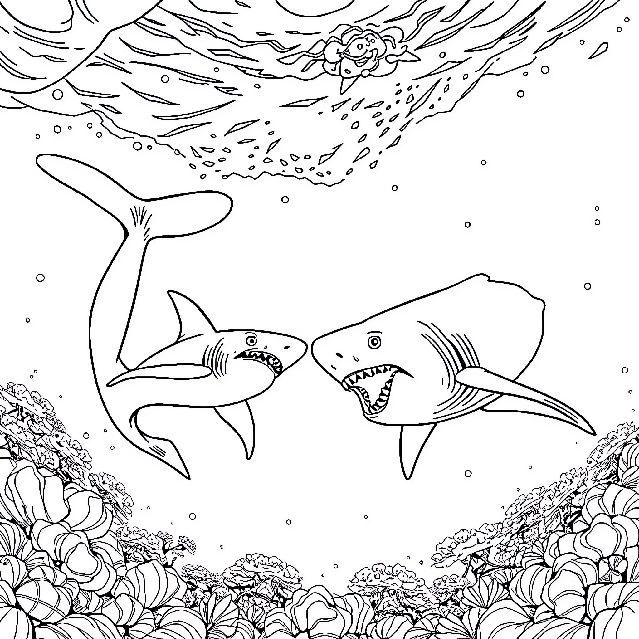 Shark chasing prey in the underwater reef Coloring Page (free black-and-white line drawing printable PDF for all, from beginners to advanced learners, including children, teens, adults, and seniors)