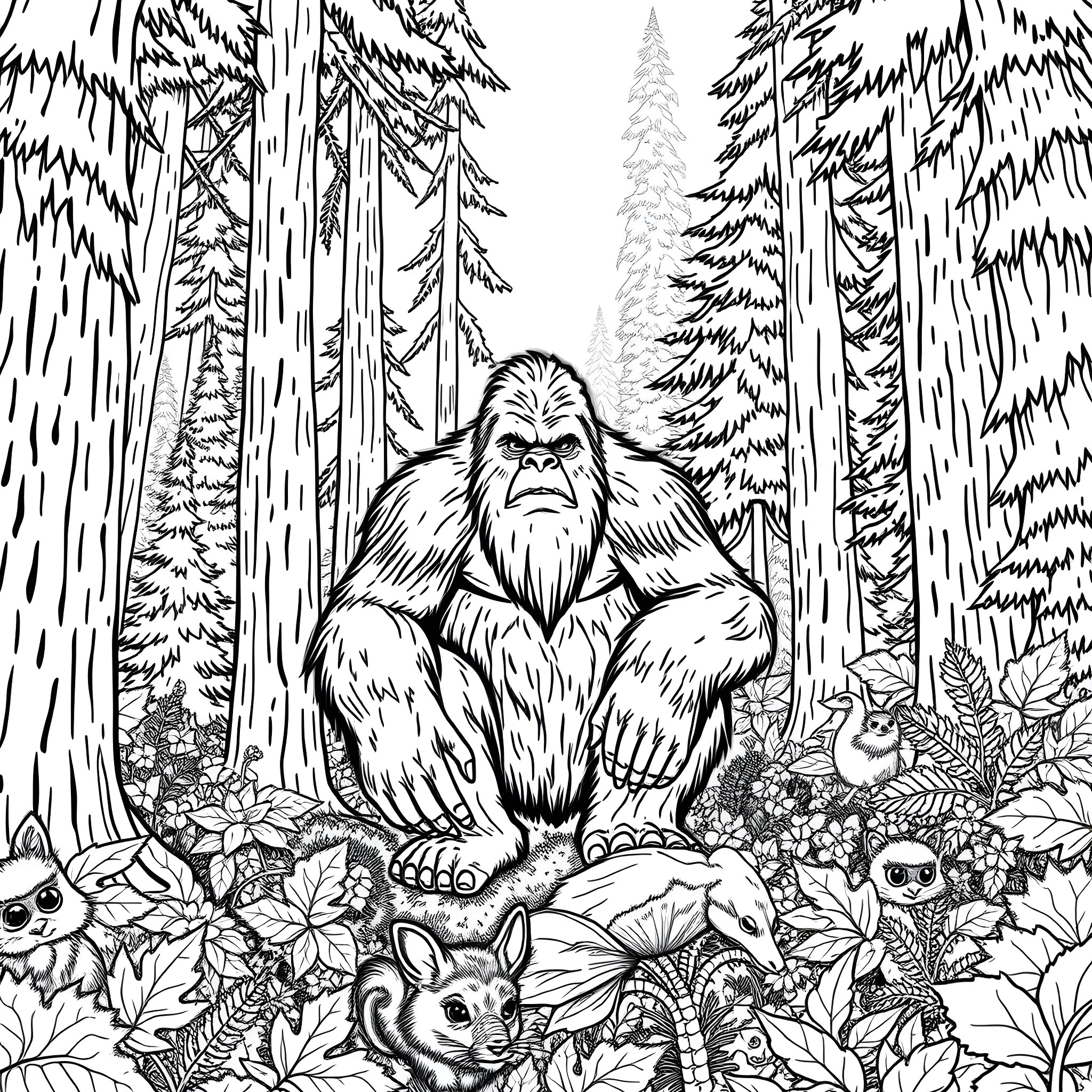 Bigfoot Towering Over Forest Creatures Coloring Page (free black-and-white line drawing printable PDF for all, from beginners to advanced learners, including children, teens, adults, and seniors)