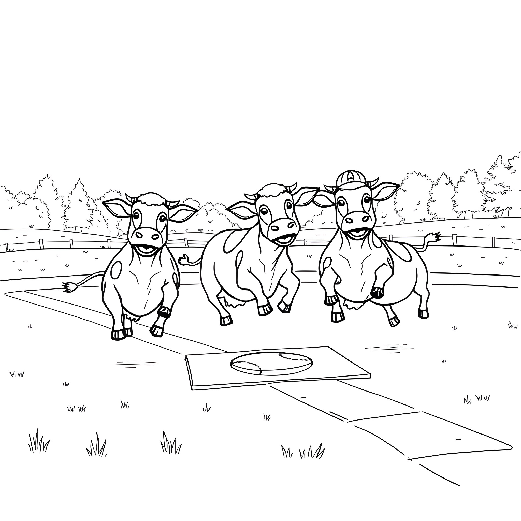 Cows playing on the farm Coloring Page (free black-and-white line drawing printable PDF for all, from beginners to advanced learners, including children, teens, adults, and seniors)