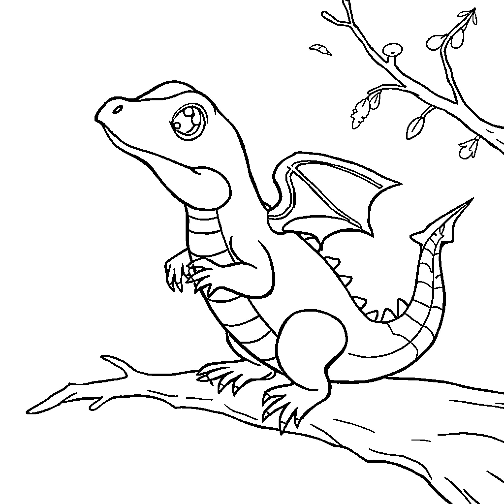 Pacifier Dragon Perched on Tree Branch Coloring Page (free black-and-white line drawing printable PDF for all, from beginners to advanced learners, including children, teens, adults, and seniors)