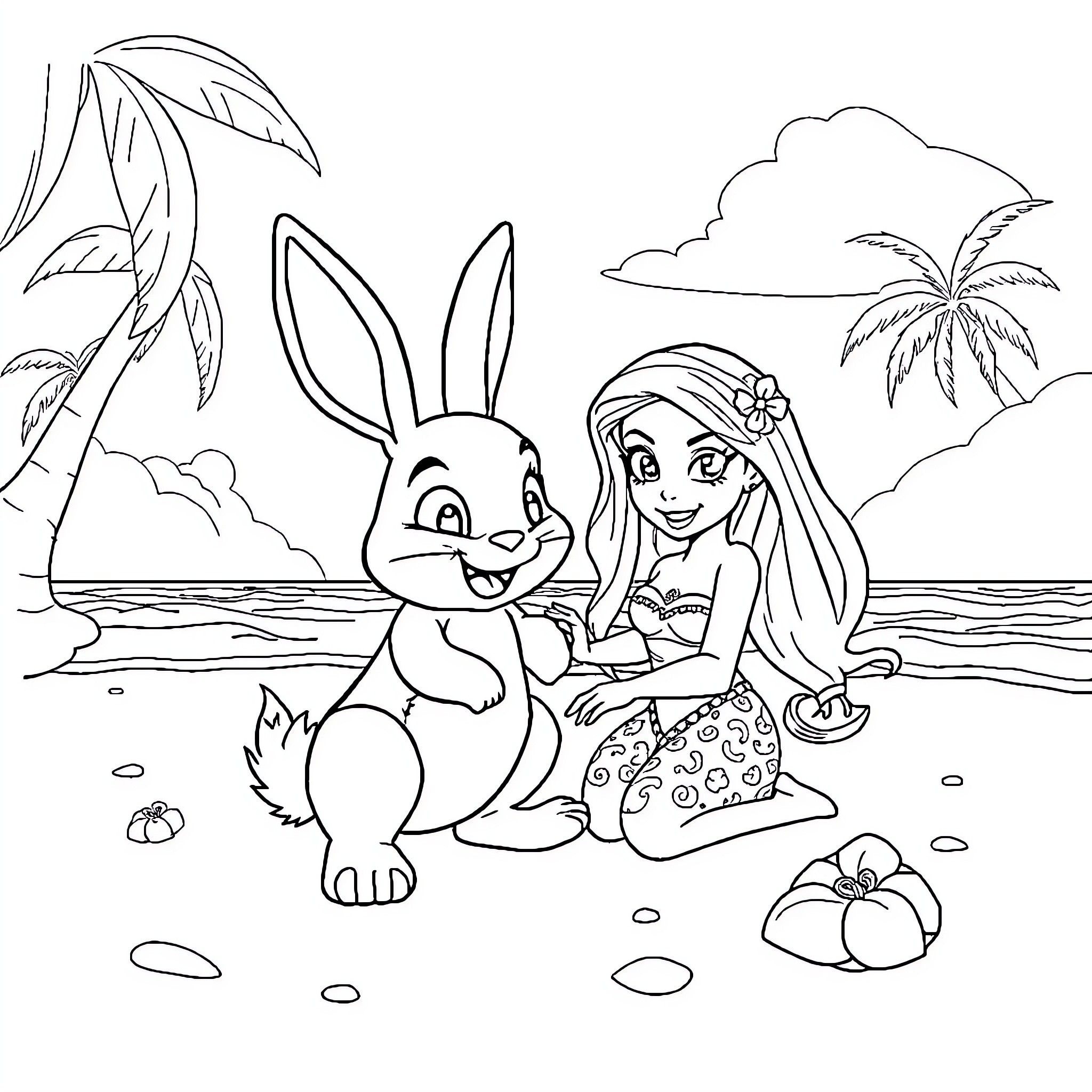 Rabbit playing with girl on the beach Coloring Page (free black-and-white line drawing printable PDF for all, from beginners to advanced learners, including children, teens, adults, and seniors)