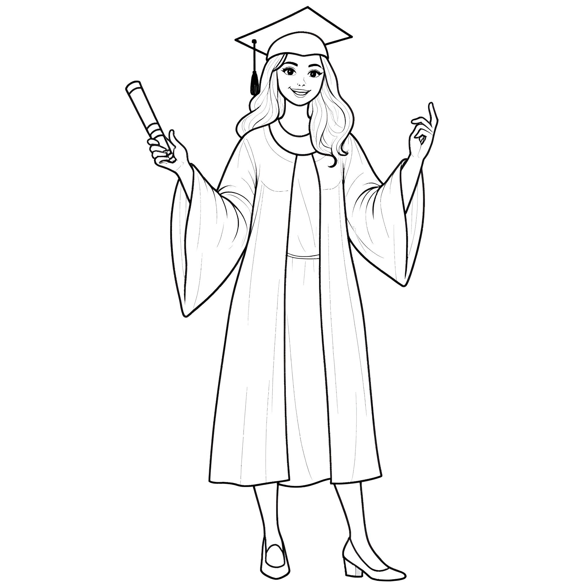 Mom proudly celebrates her graduation Coloring Page (free black-and-white line drawing printable PDF for all, from beginners to advanced learners, including children, teens, adults, and seniors)