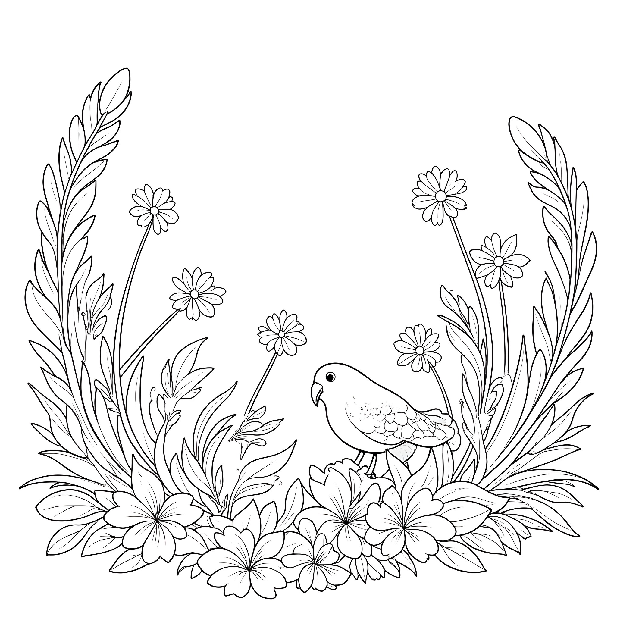 Flower Meadow with Cute Bird Coloring Page (free black-and-white line drawing printable PDF for all, from beginners to advanced learners, including children, teens, adults, and seniors)