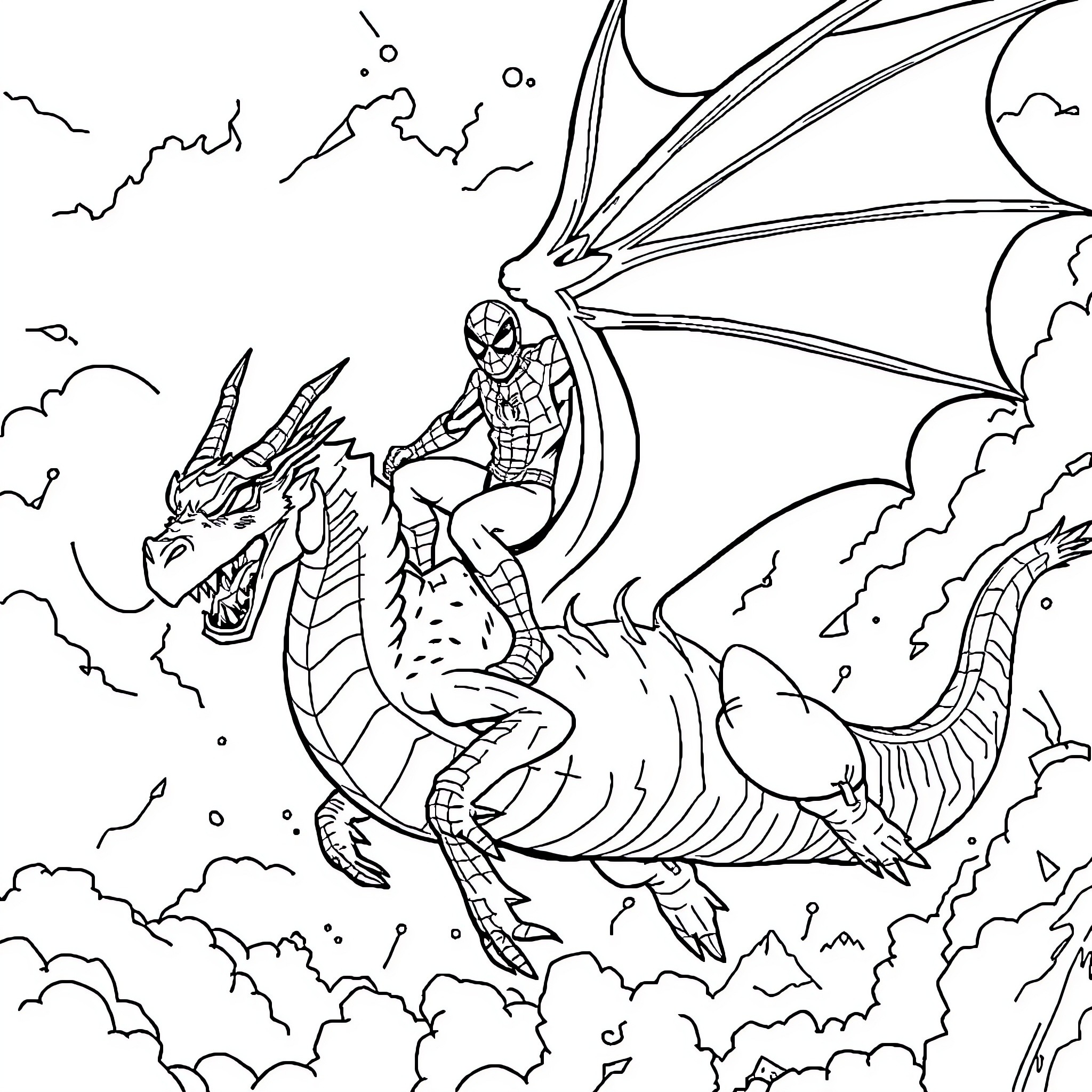 Spiderman riding a fierce dragon through the sky Coloring Page (free black-and-white line drawing printable PDF for all, from beginners to advanced learners, including children, teens, adults, and seniors)